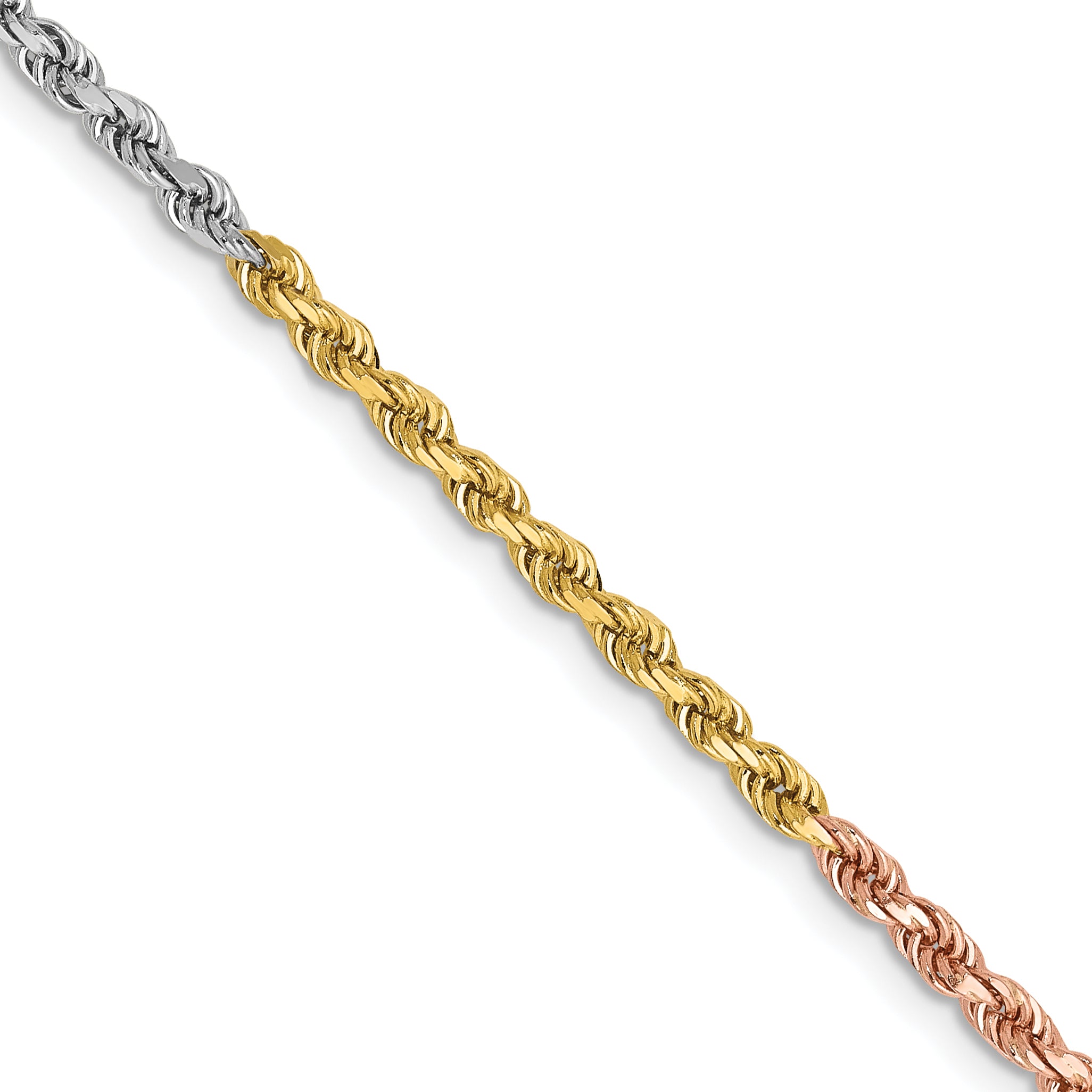 14K Tri-colored 18 inch 2.5mm Diamond-cut Rope with Lobster Clasp Chain