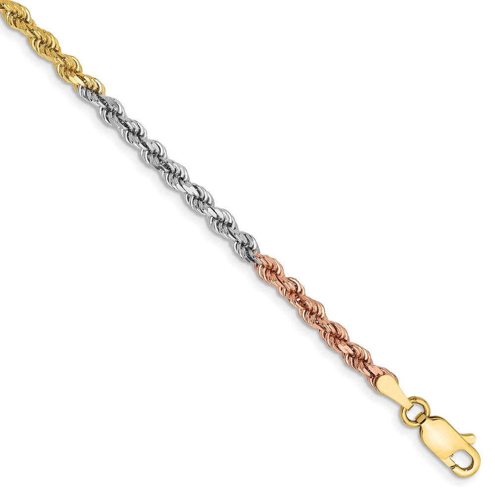 14K Tri-Colored 7 Inch 2.9Mm Diamond-Cut Rope With Lobster Clasp Chain