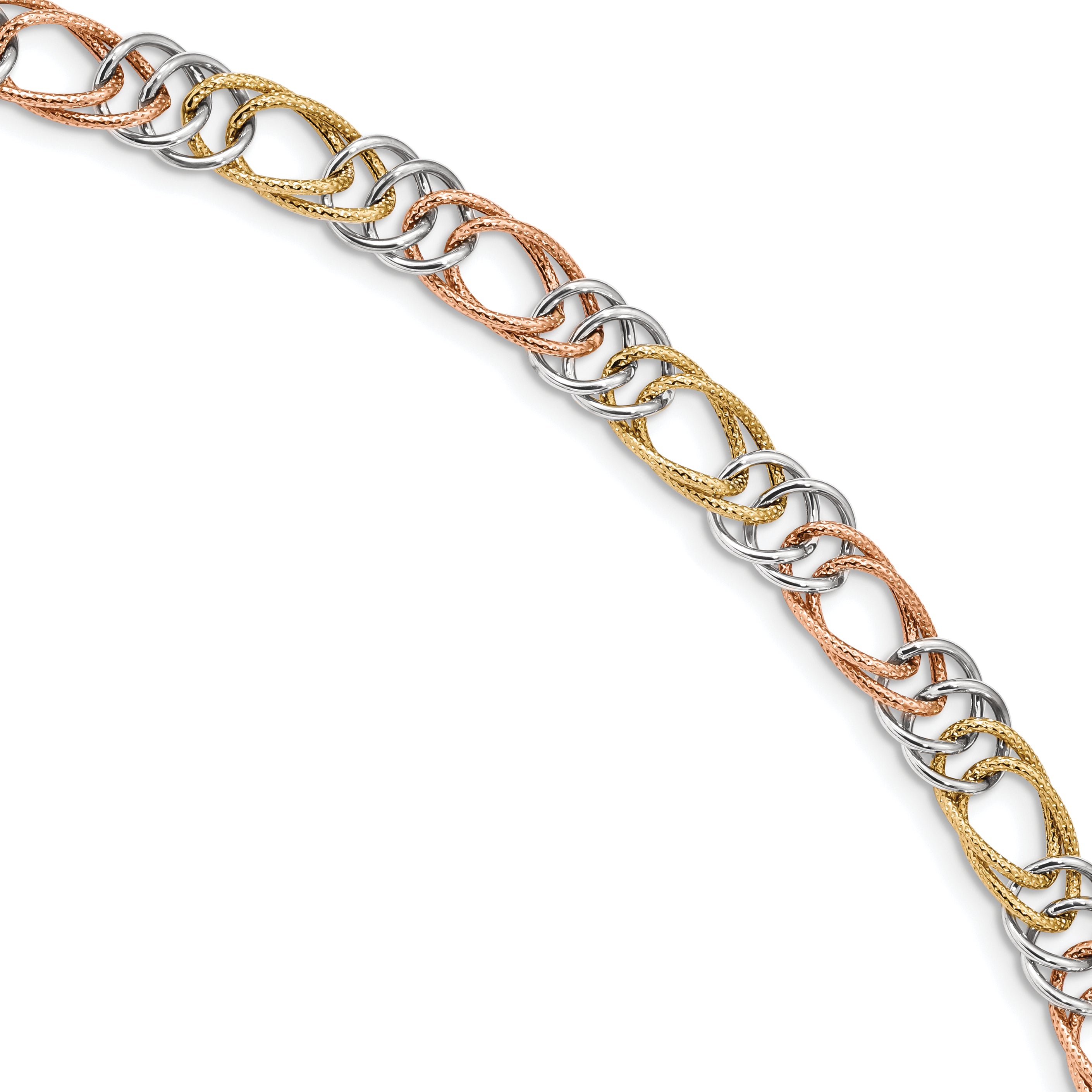 14K Tri-Color Polished/Textured Fancy Double Link Bracelet