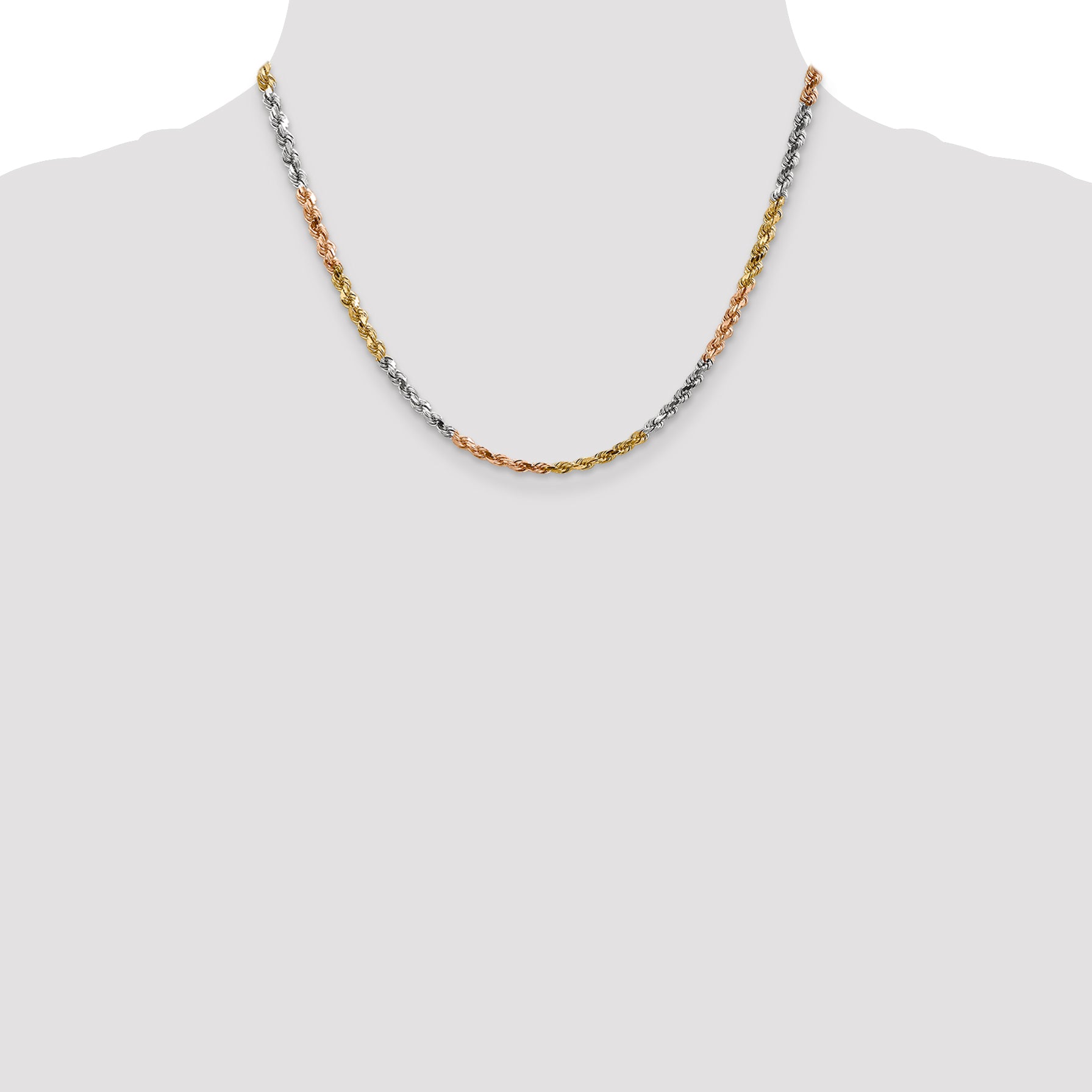 14K Tri-colored 7 inch 4mm Diamond-cut Rope with Lobster Clasp Chain