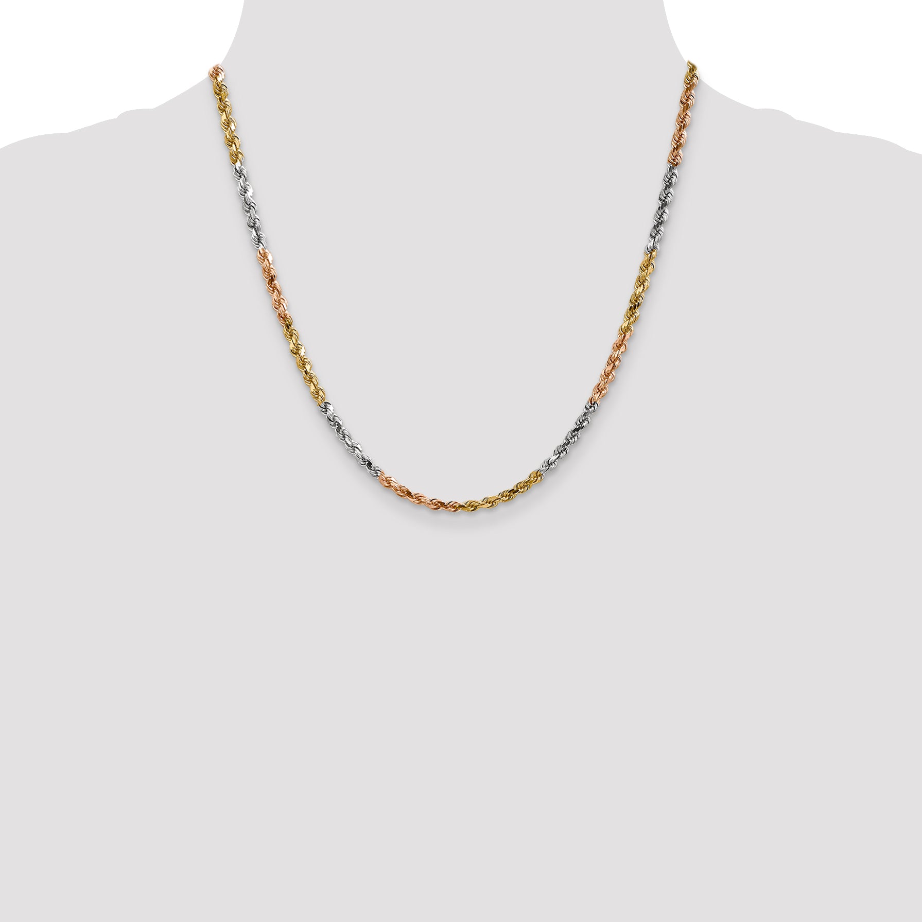 14K Tri-colored 7 inch 4mm Diamond-cut Rope with Lobster Clasp Chain