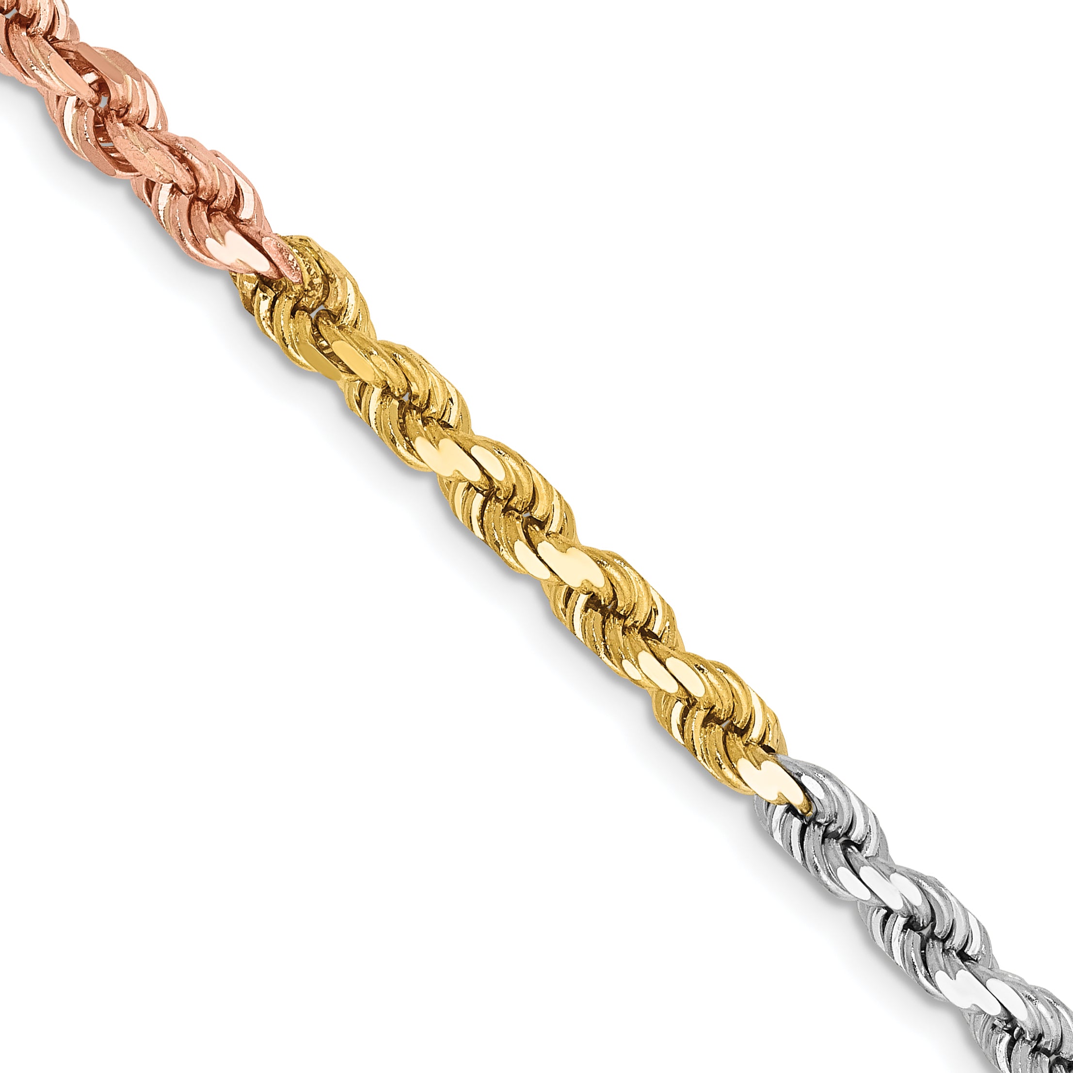 14K Tri-colored 7 inch 4mm Diamond-cut Rope with Lobster Clasp Chain