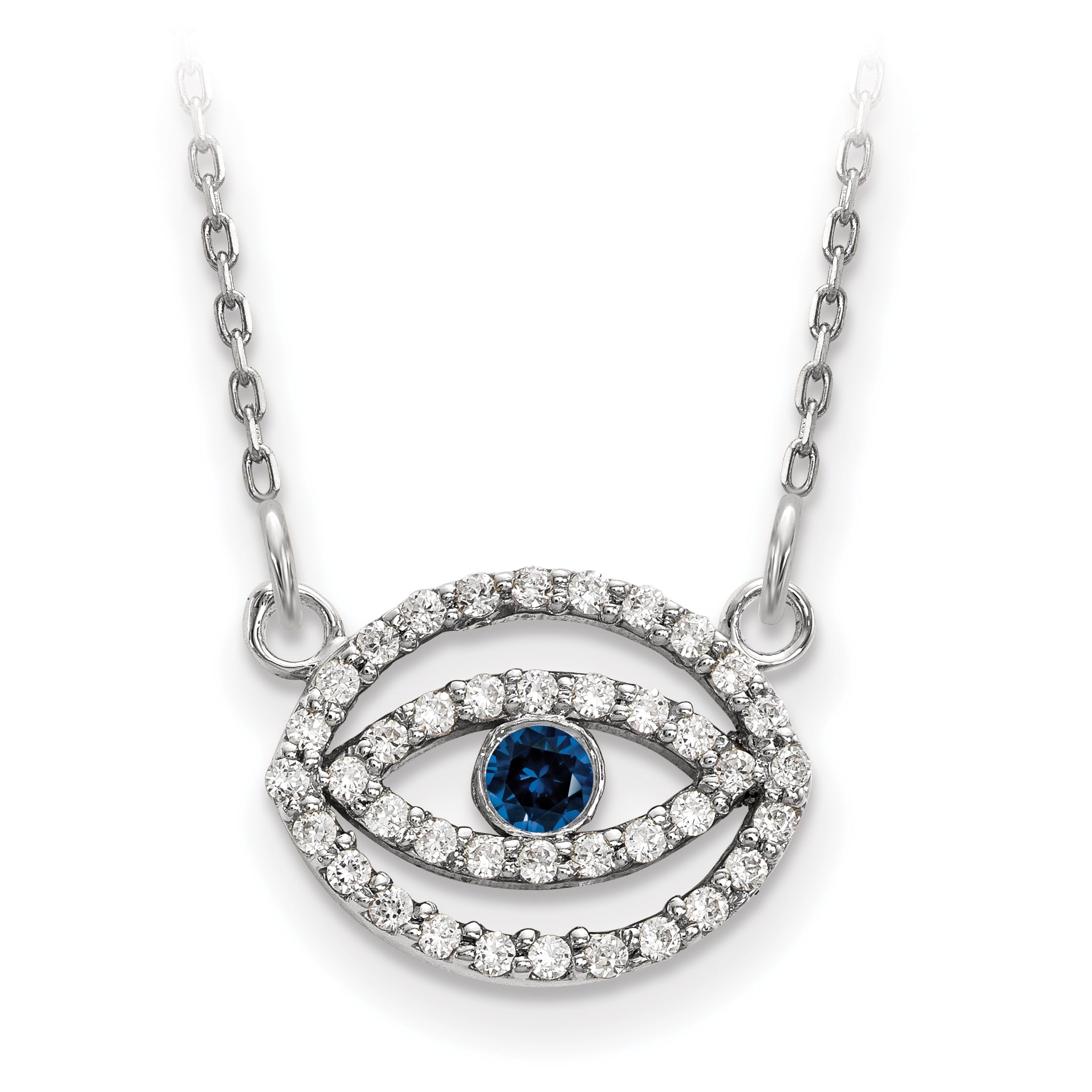 14K White Gold Small Necklace Diamond And Sapphire Gold Halo Evil Eye