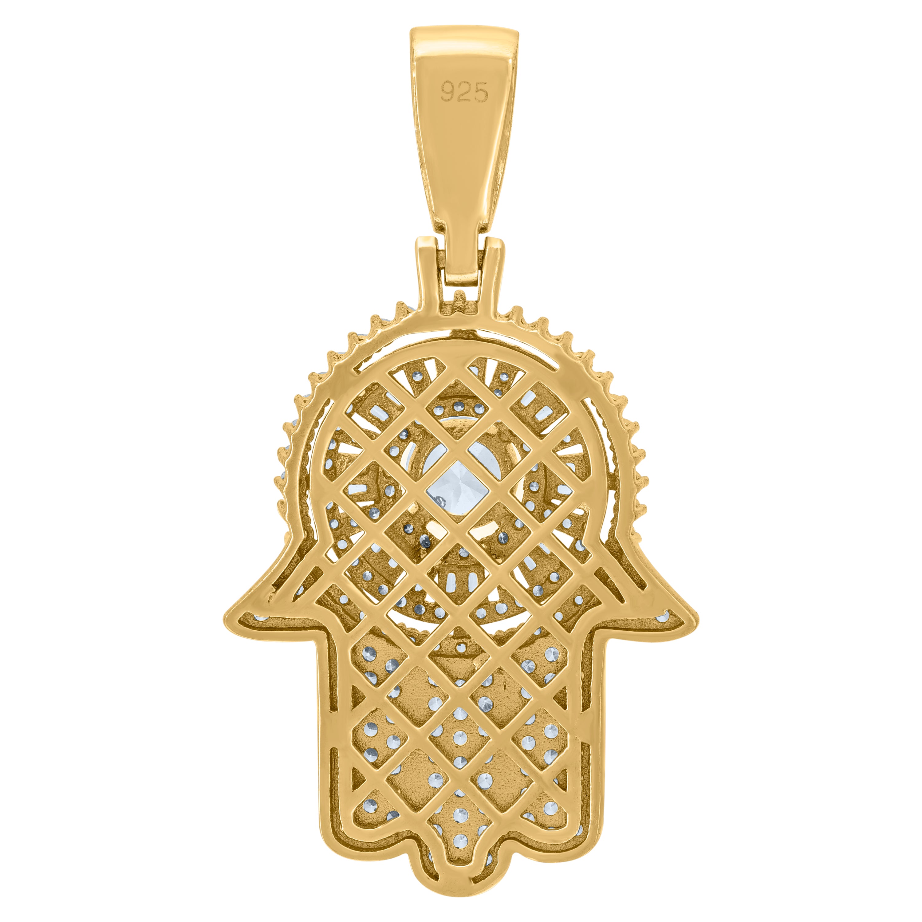 925 Sterling Silver Yellow-Tone Mens Baguette Round Cubic-Zirconia Humsa Symbol Religious Charm Pendant