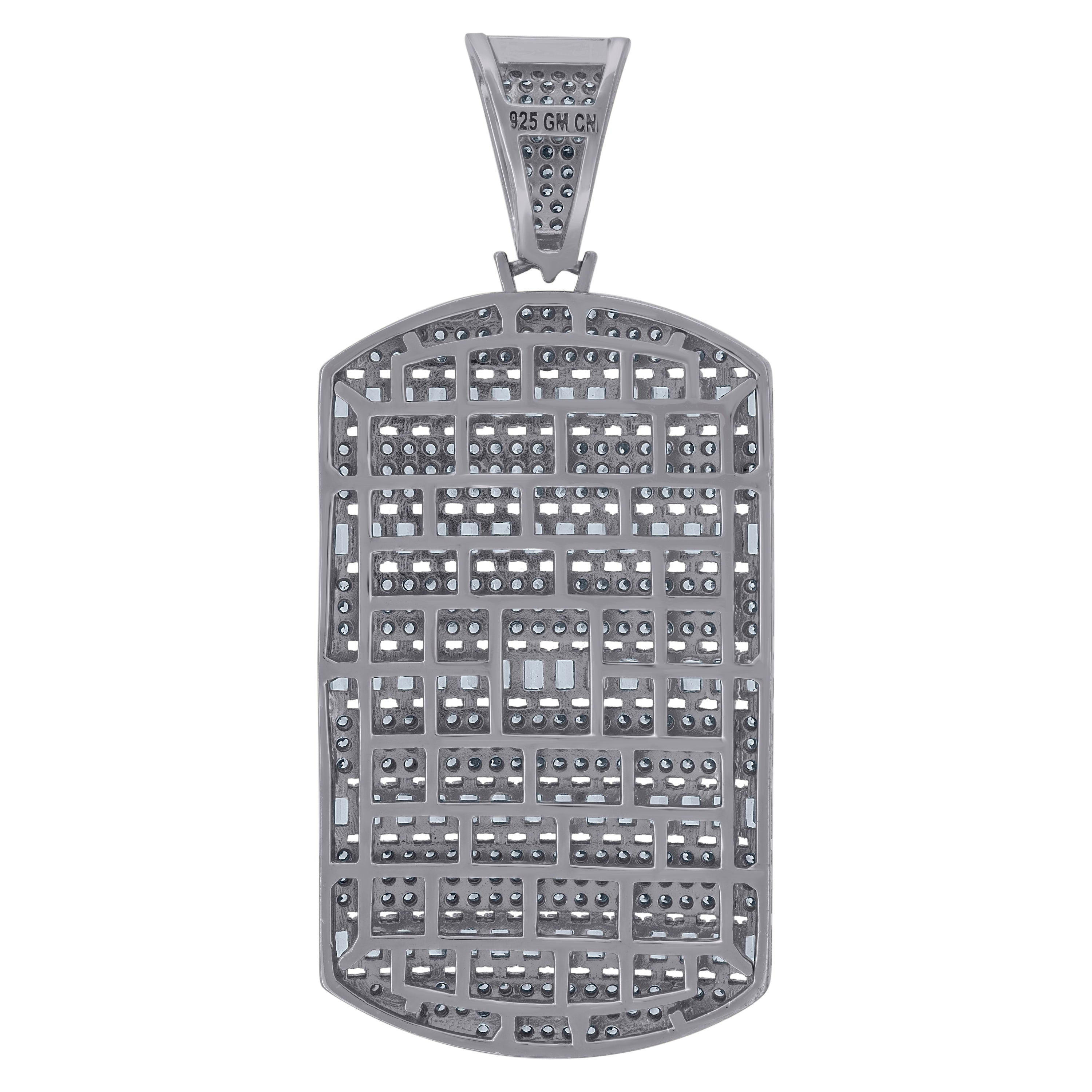 925 Sterling Silver Mens Round & Baguette Cubic-Zirconia Dog Tag Fashion Charm Pendant