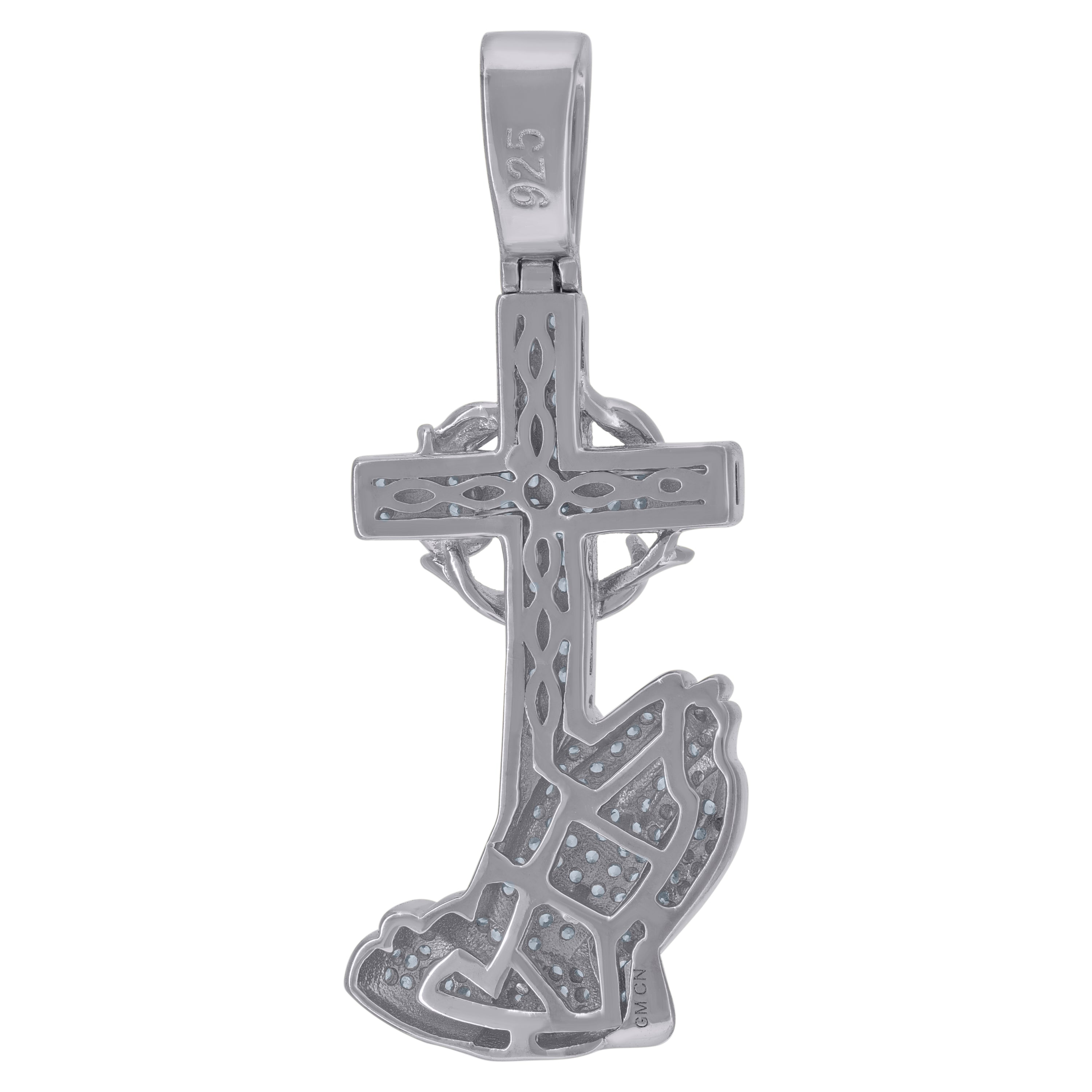 925 Sterling Silver Mens Cubic-Zirconia Praying Hands Cross Religious Charm Pendant