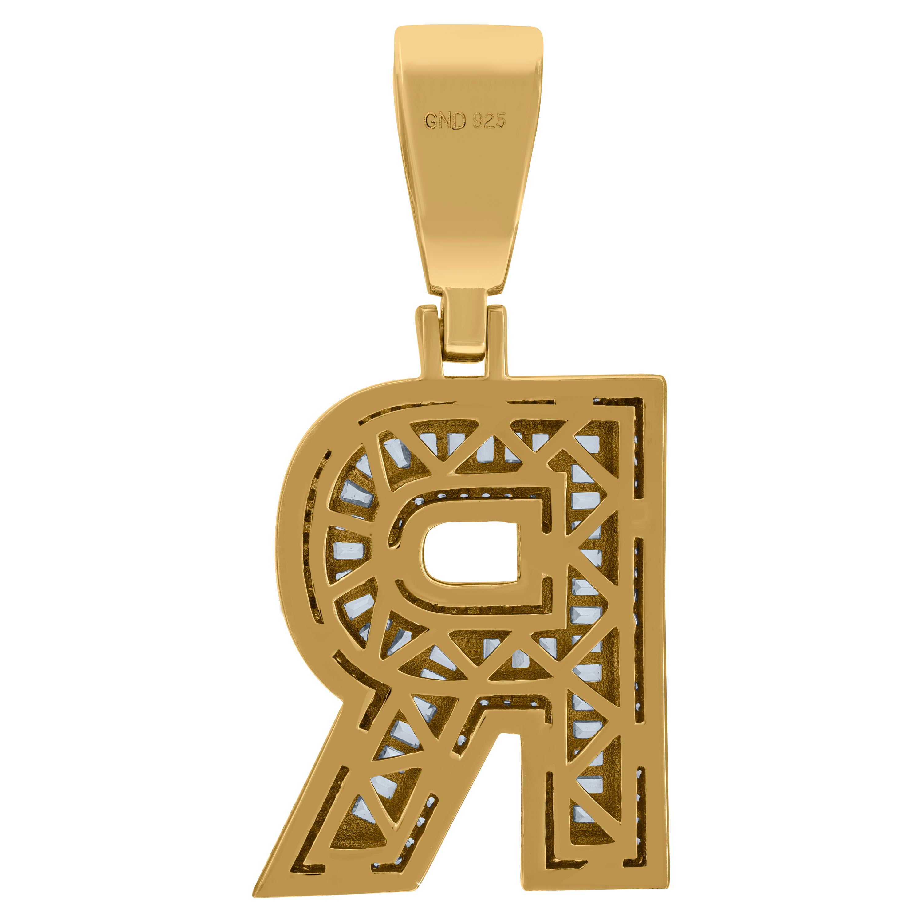 925 Sterling Silver Yellow-Tone Mens Baguette Cubic-Zirconia R Alphabet Initials Charm Pendant