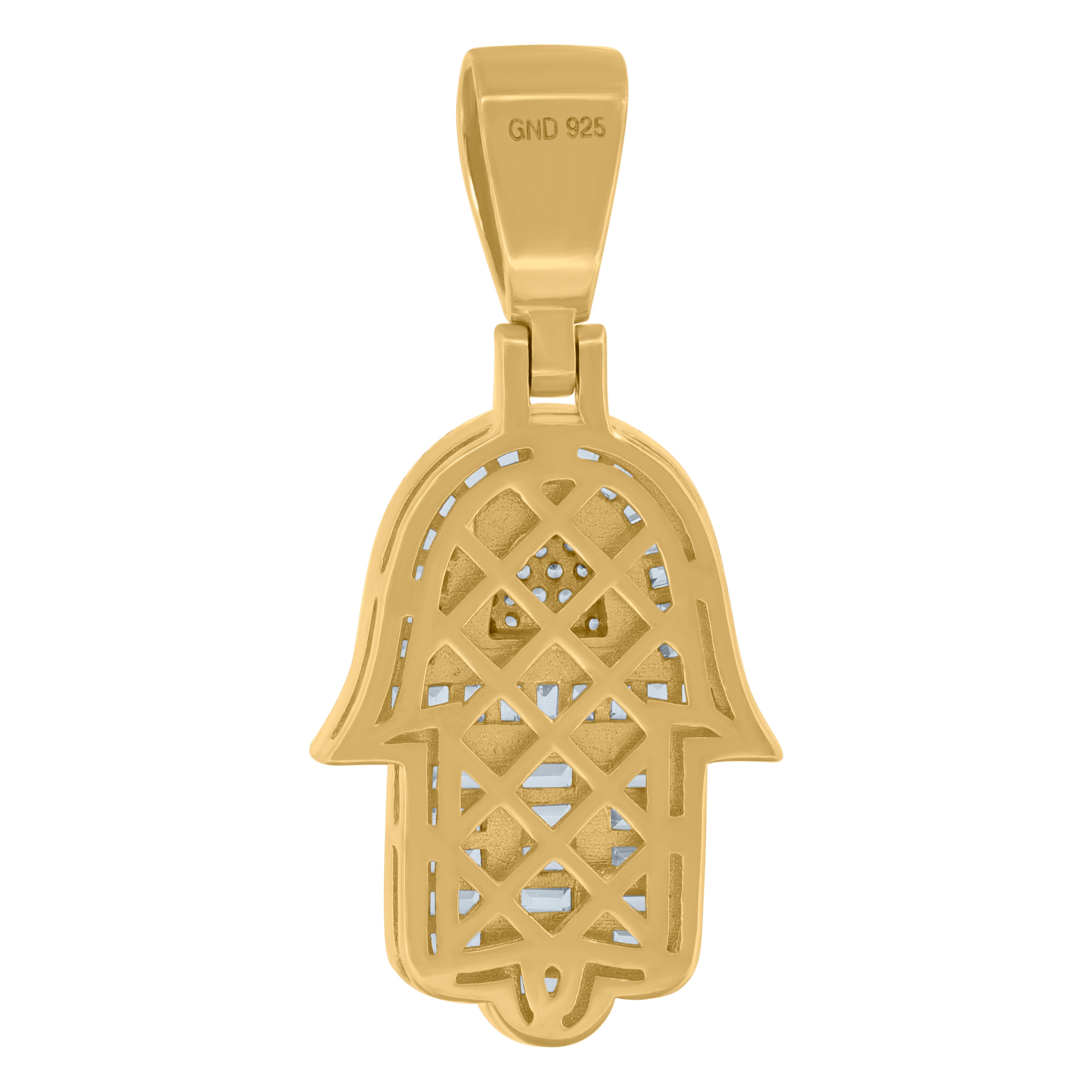 925 Sterling Silver Yellow-Tone Mens Baguette Cubic-Zirconia Humsa Symbol Religious Charm Pendant