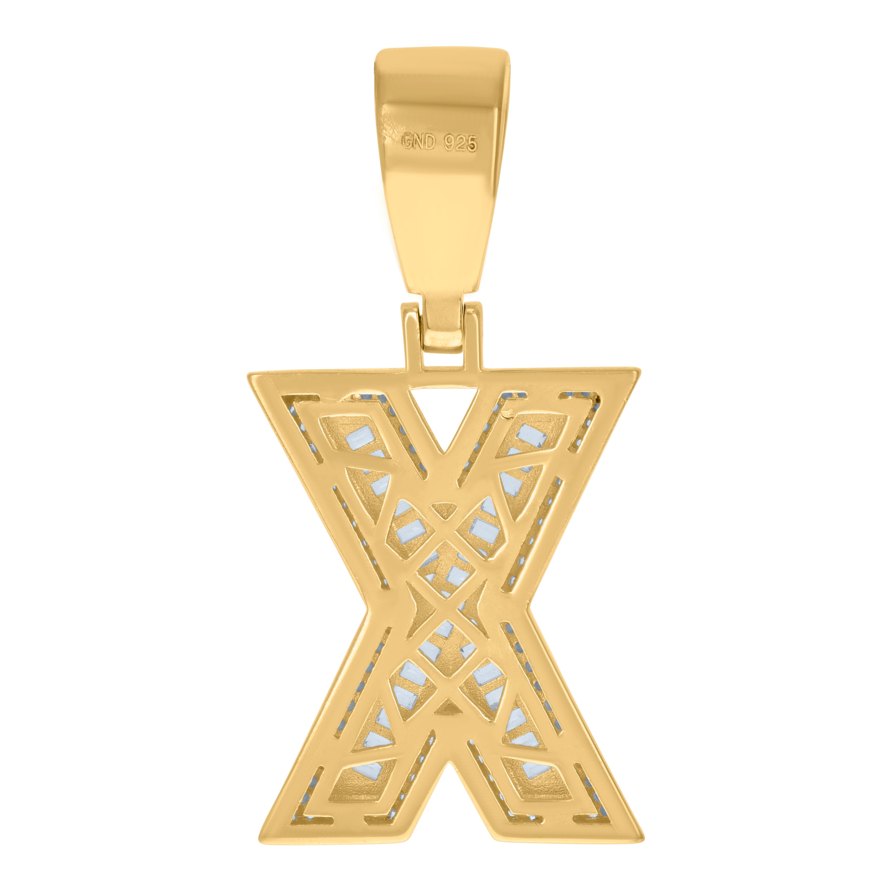 925 Sterling Silver Yellow-Tone Mens Baguette Round Cubic-Zirconia X Alphabet Initials Charm Pendant