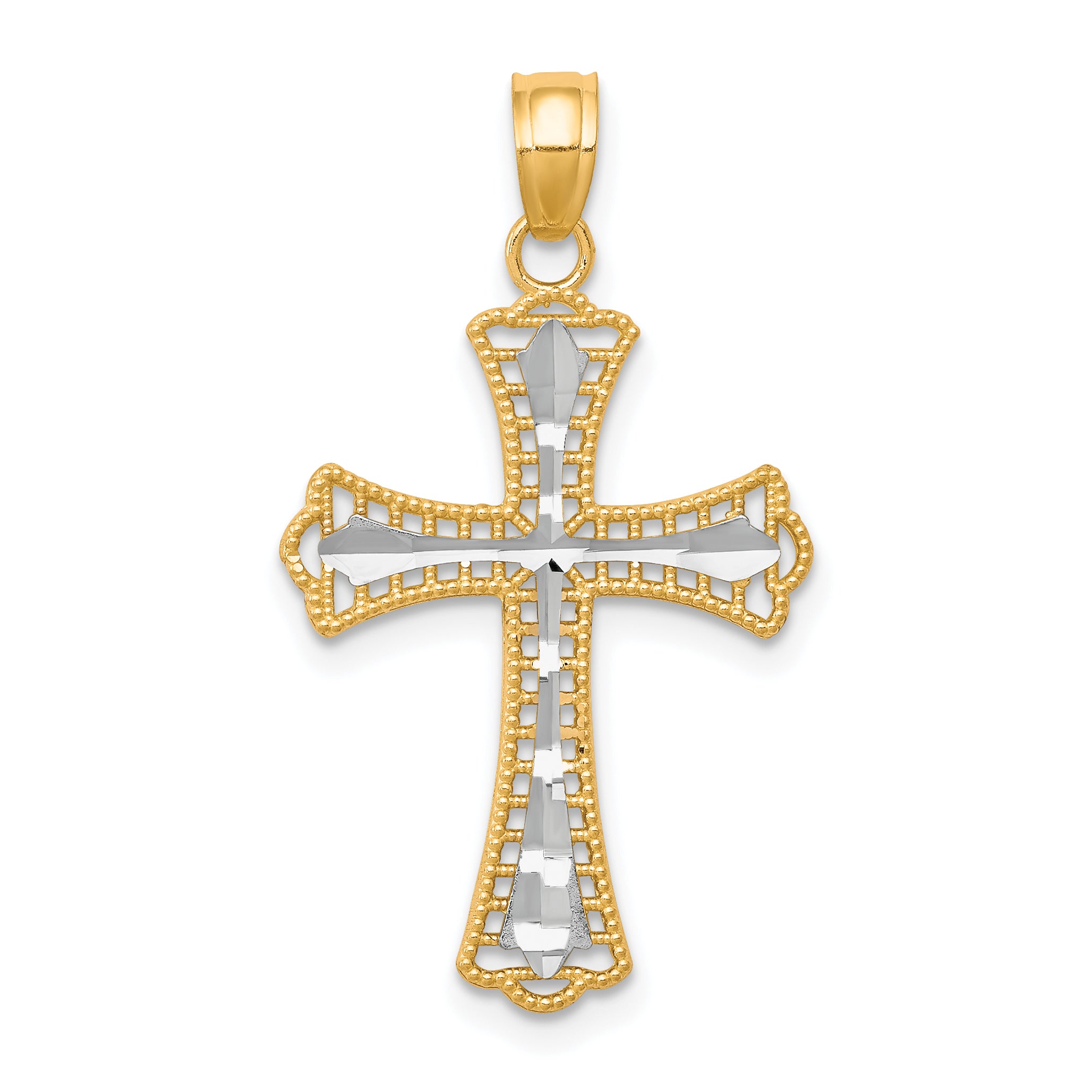 10K w/ Rhodium Diamond-Cut Cross Pendant