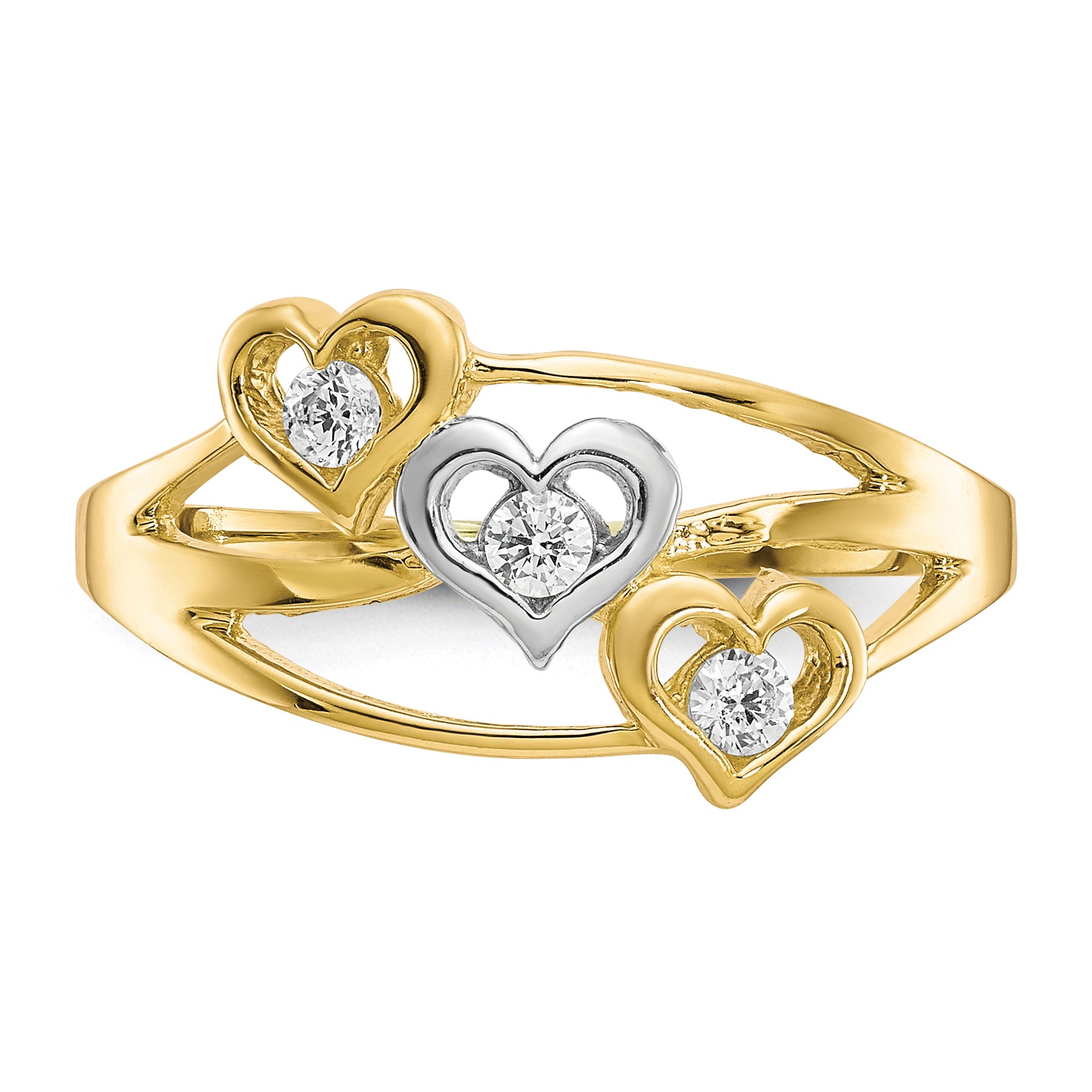 10K w/Rhodium Triple Heart 3 Stone CZ Ring