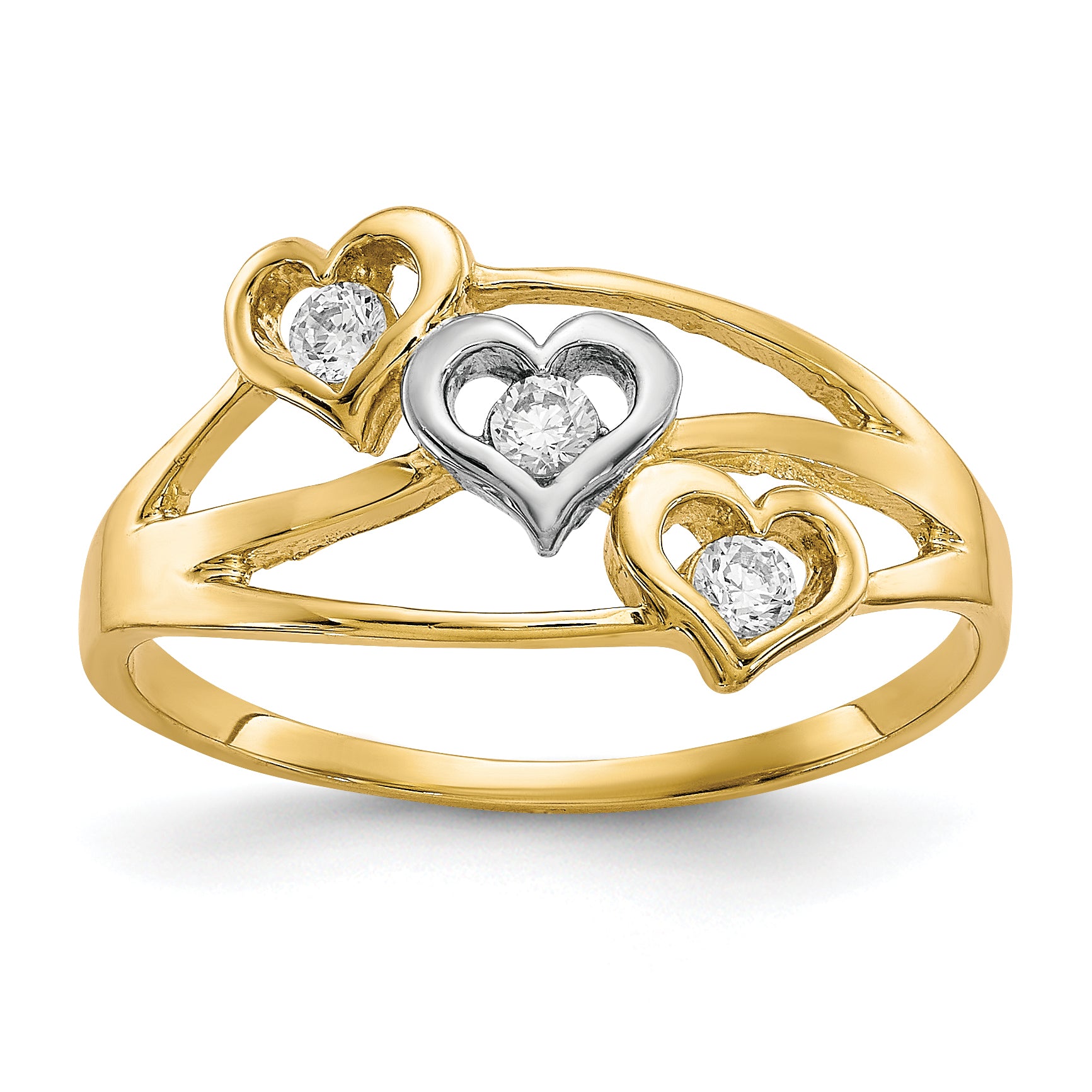 10K w/Rhodium Triple Heart 3 Stone CZ Ring