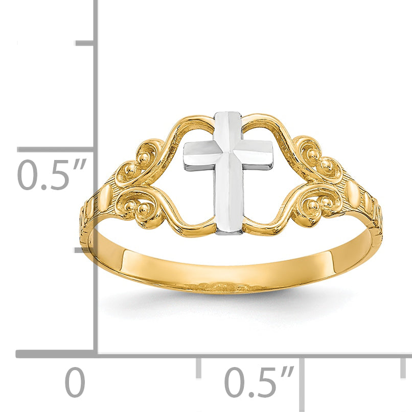 10k & Rhodium Polished Cross Ring
