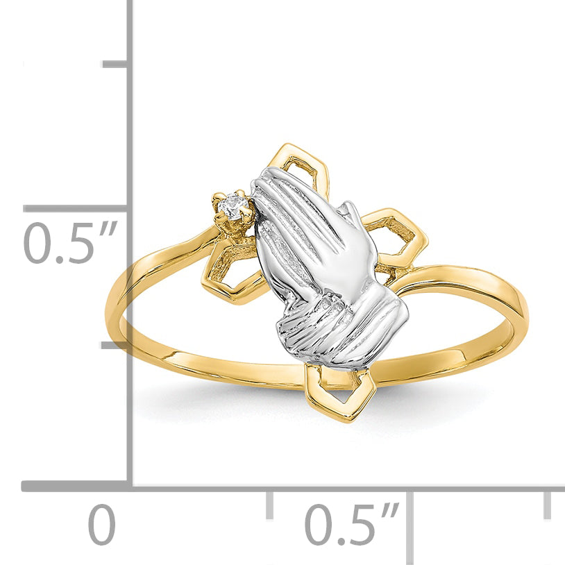 10k & Rhodium Praying Hands CZ w/Cross Ring