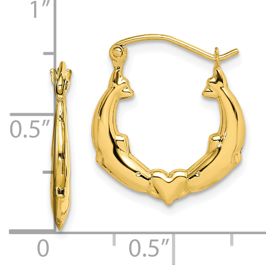 10K Dolphin Heart Hollow Hoop Earrings
