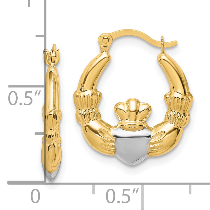 10K & Rhodium Claddagh Hollow Hoop Earrings