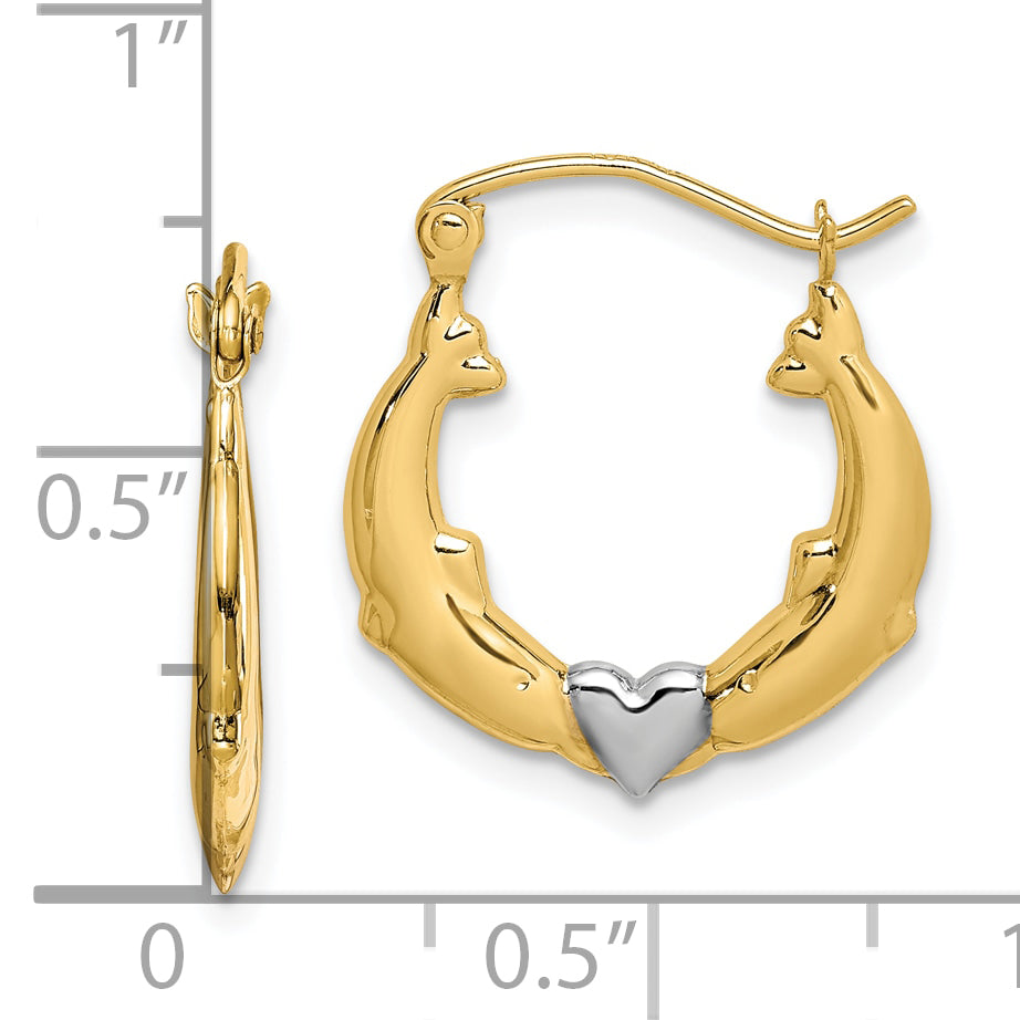 10K and Rhodium Dolphin Heart Hollow Hoop Earrings