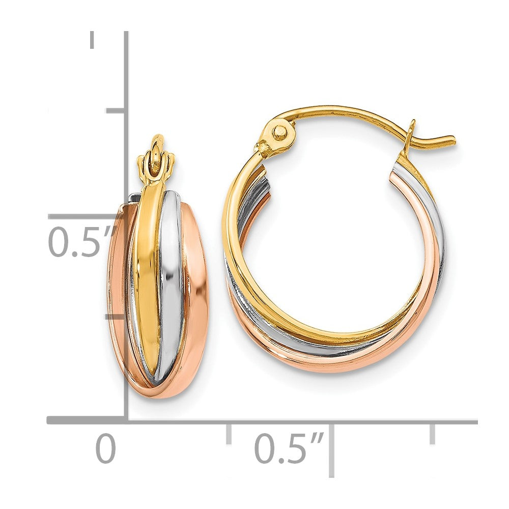 10K Tri-Color Polished Hinged Hoop Earrings