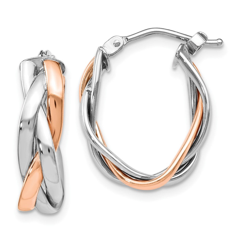 10K With White Rhodium And Rose Gold Plating Braided Hoop Earrings