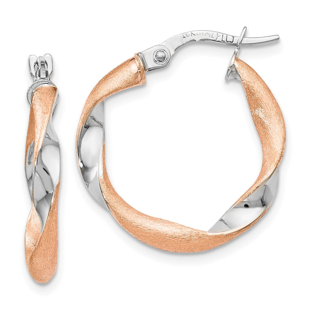 10K With White Rhodium And Rose Gold Plating Twisted Hoop Earrings