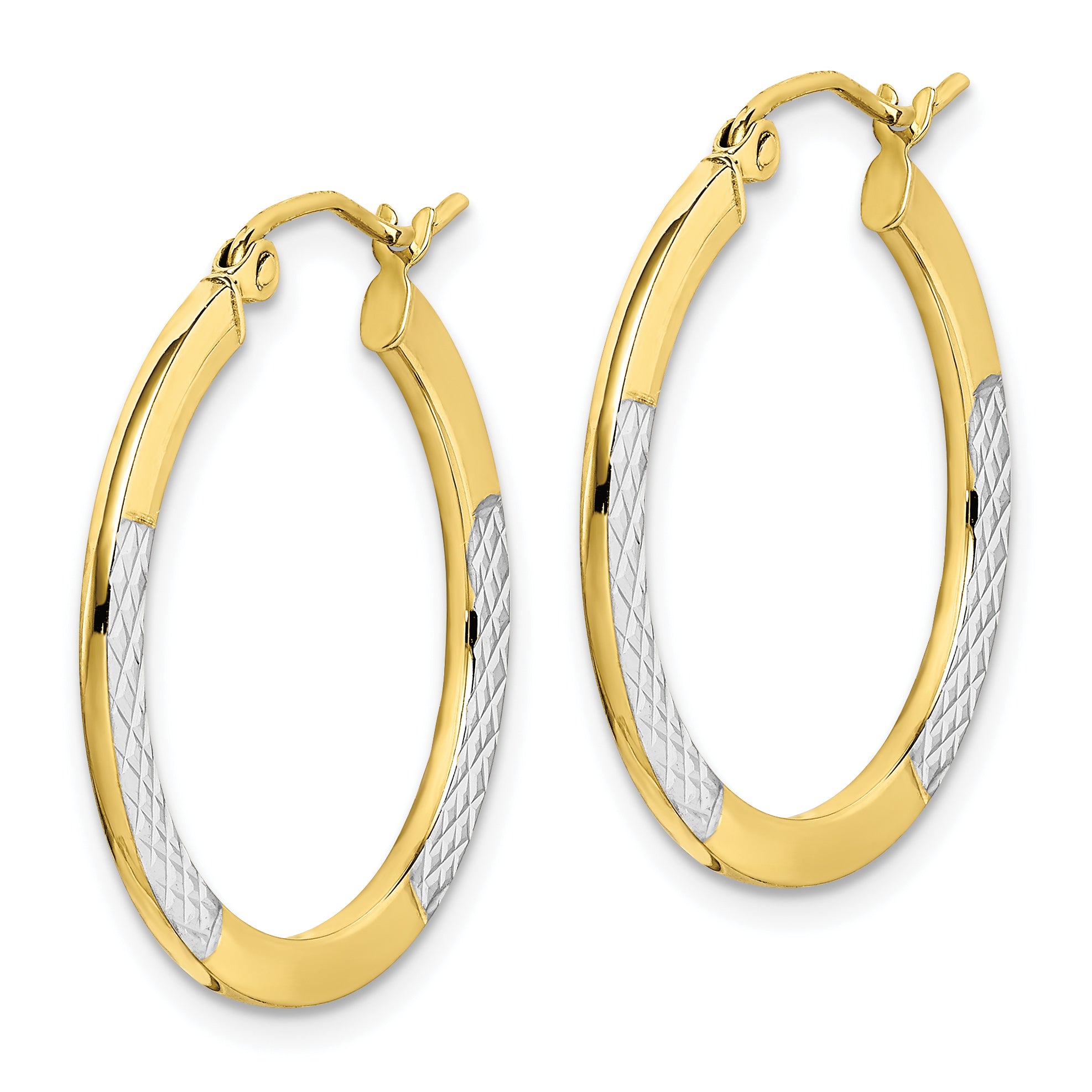 10K & Rhodium Diamond Cut 2.5x20mm Hoop Earrings