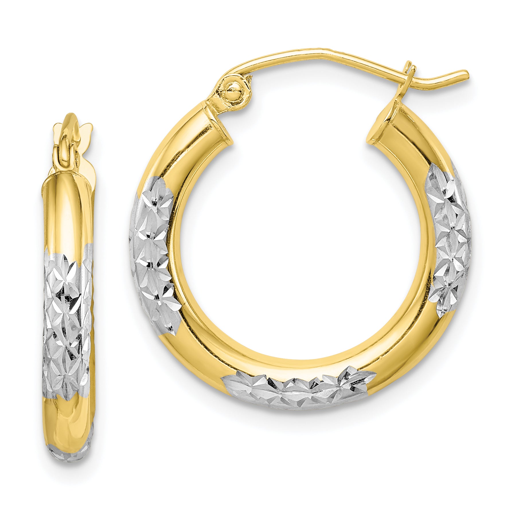 10K & Rhodium Diamond Cut 3mm Hoop Earrings