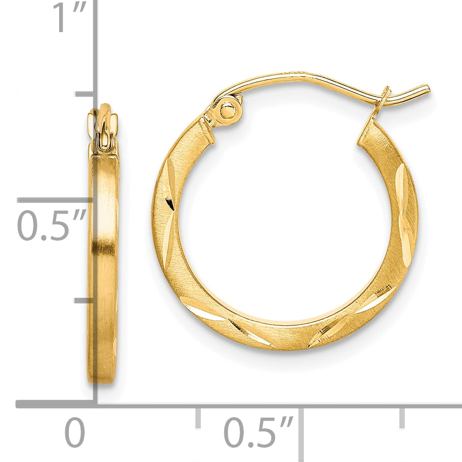 10K Satin Diamond Cut 2x20mm Hoop Earrings