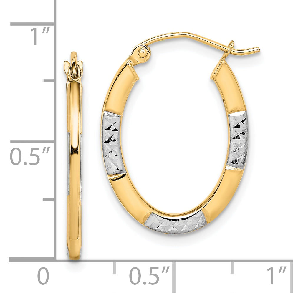10K and Rhodium Diamond Cut Oval Hoop Earrings