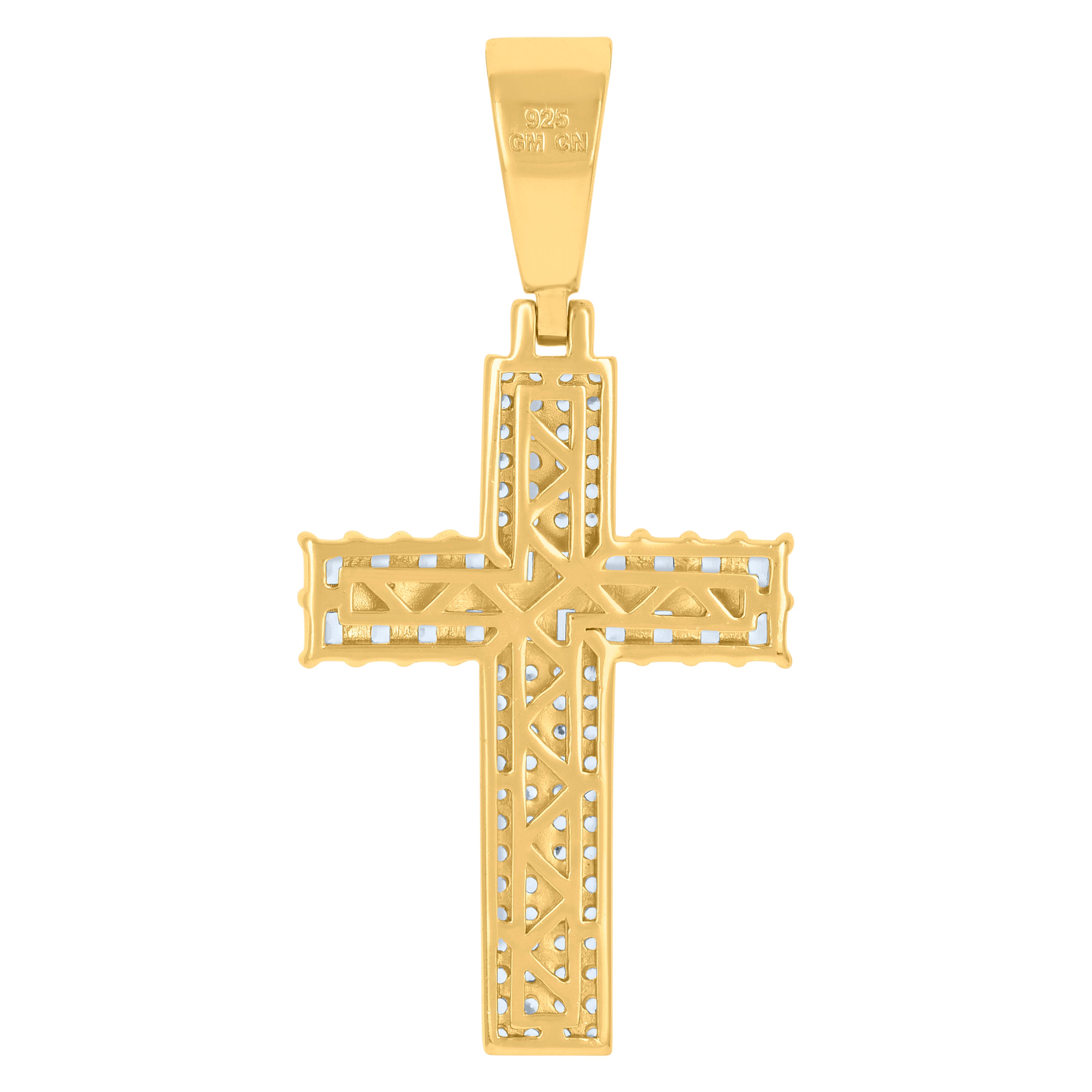 925 Sterling Silver Yellow-Tone Mens Round & Baguette Cubic-Zirconia Cross Religious Charm Pendant