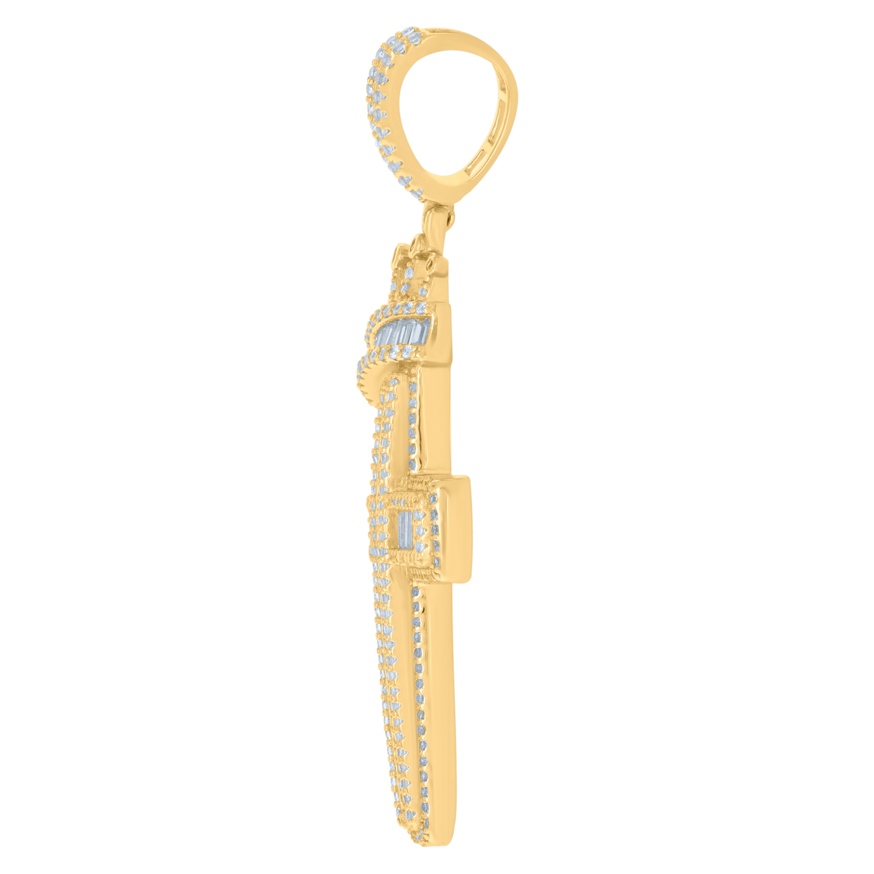 925 Sterling Silver Yellow-Tone Mens Baguette Round Cubic-Zirconia Crown Cross Religious Charm Pendant