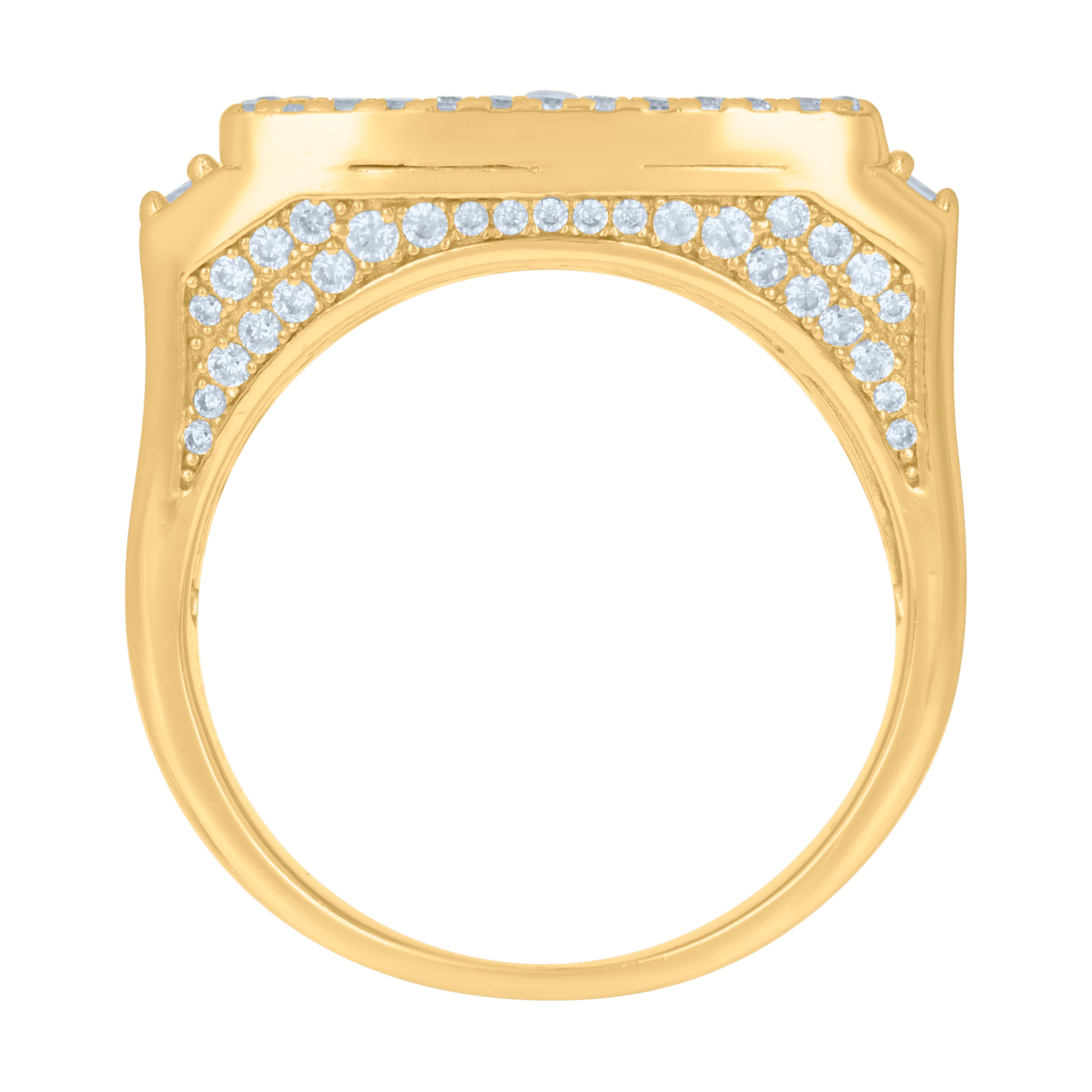 925 Sterling Silver Yellow-tone Mens Baguette Round Cubic-Zirconia Crucifix Cross Religious Ring