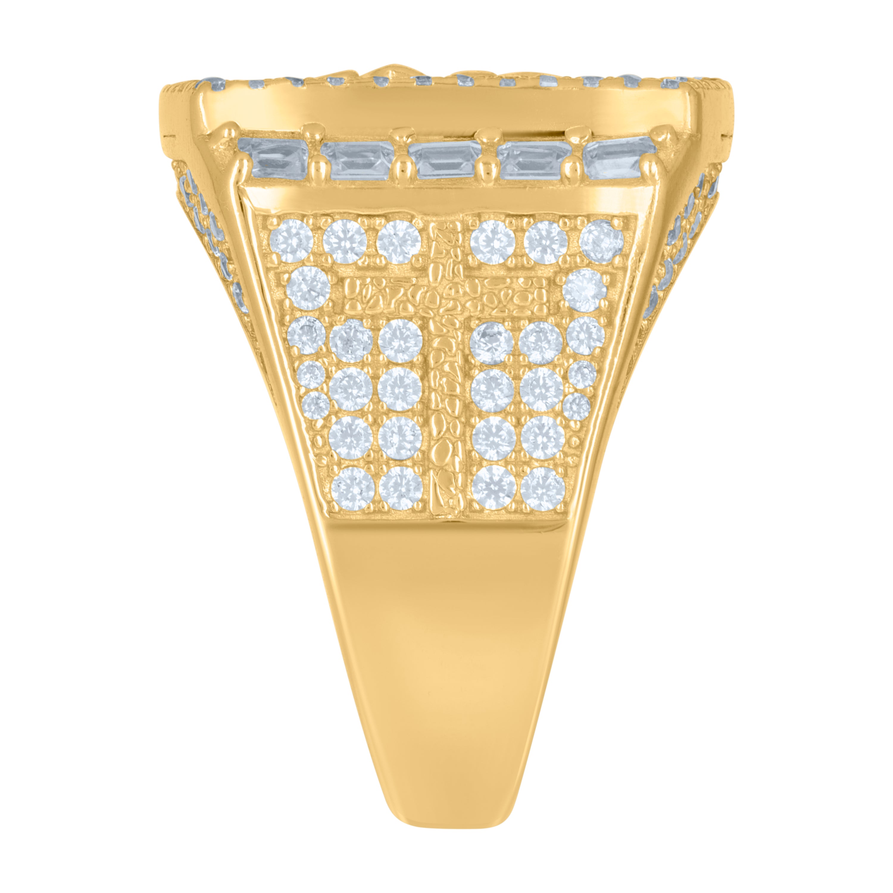 925 Sterling Silver Yellow-tone Mens Baguette Round Cubic-Zirconia Crucifix Cross Religious Ring