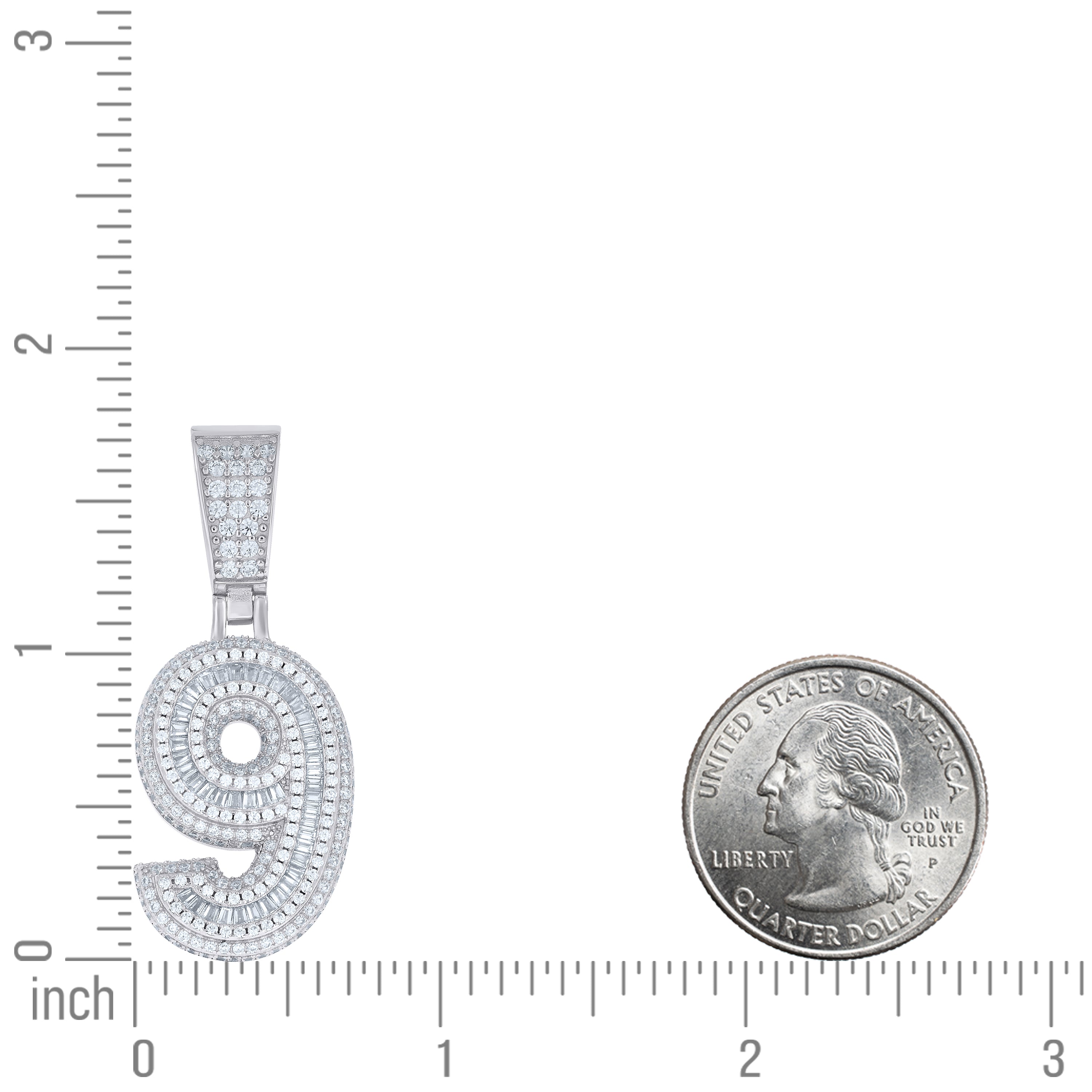 925 Sterling Silver Unisex Round Baguette Cubic-Zirconia Initial Number 9 Charm Pendant