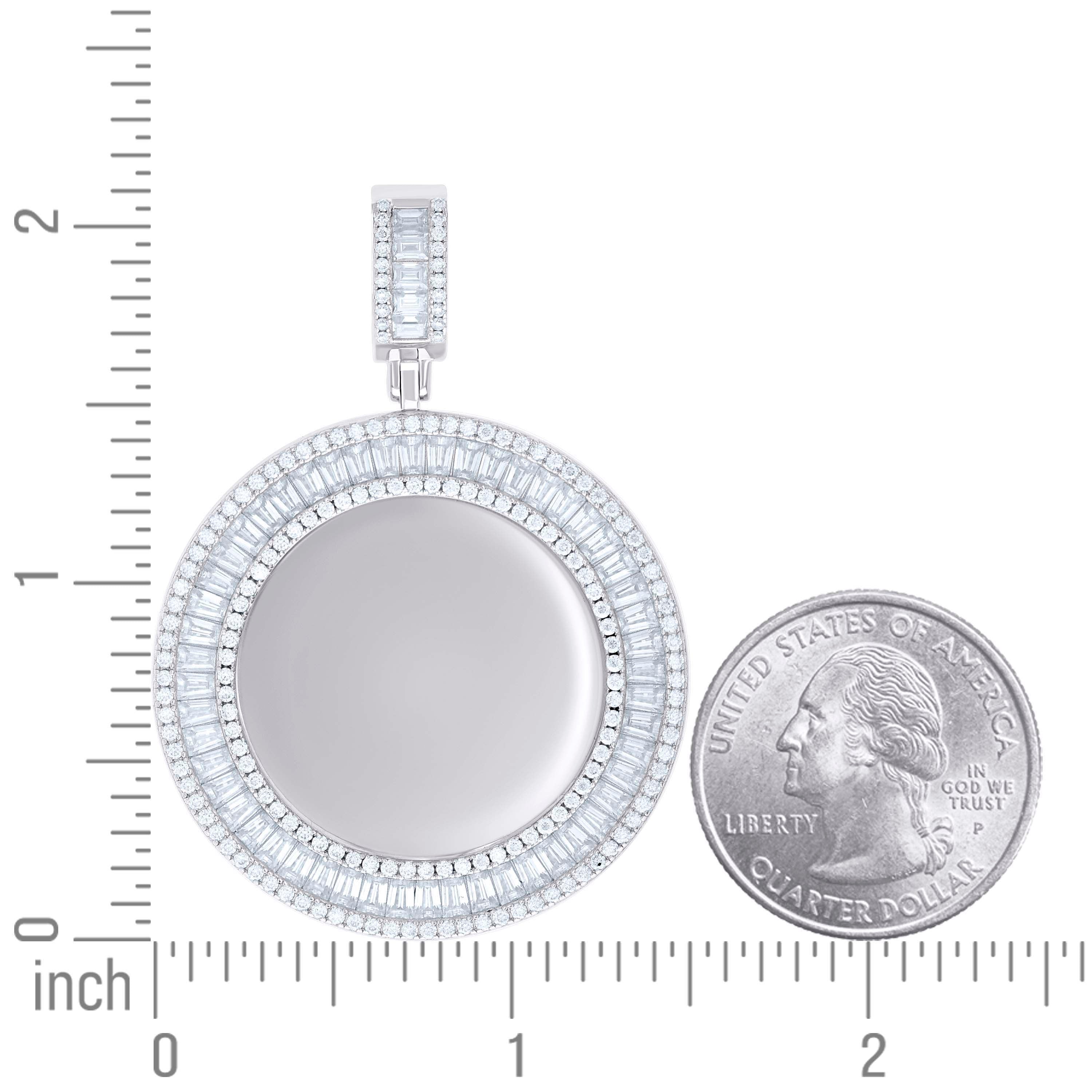 925 Sterling Silver Unisex Round Baguette Cubic-Zirconia Memory Circle Photo Frame Charm Pendant