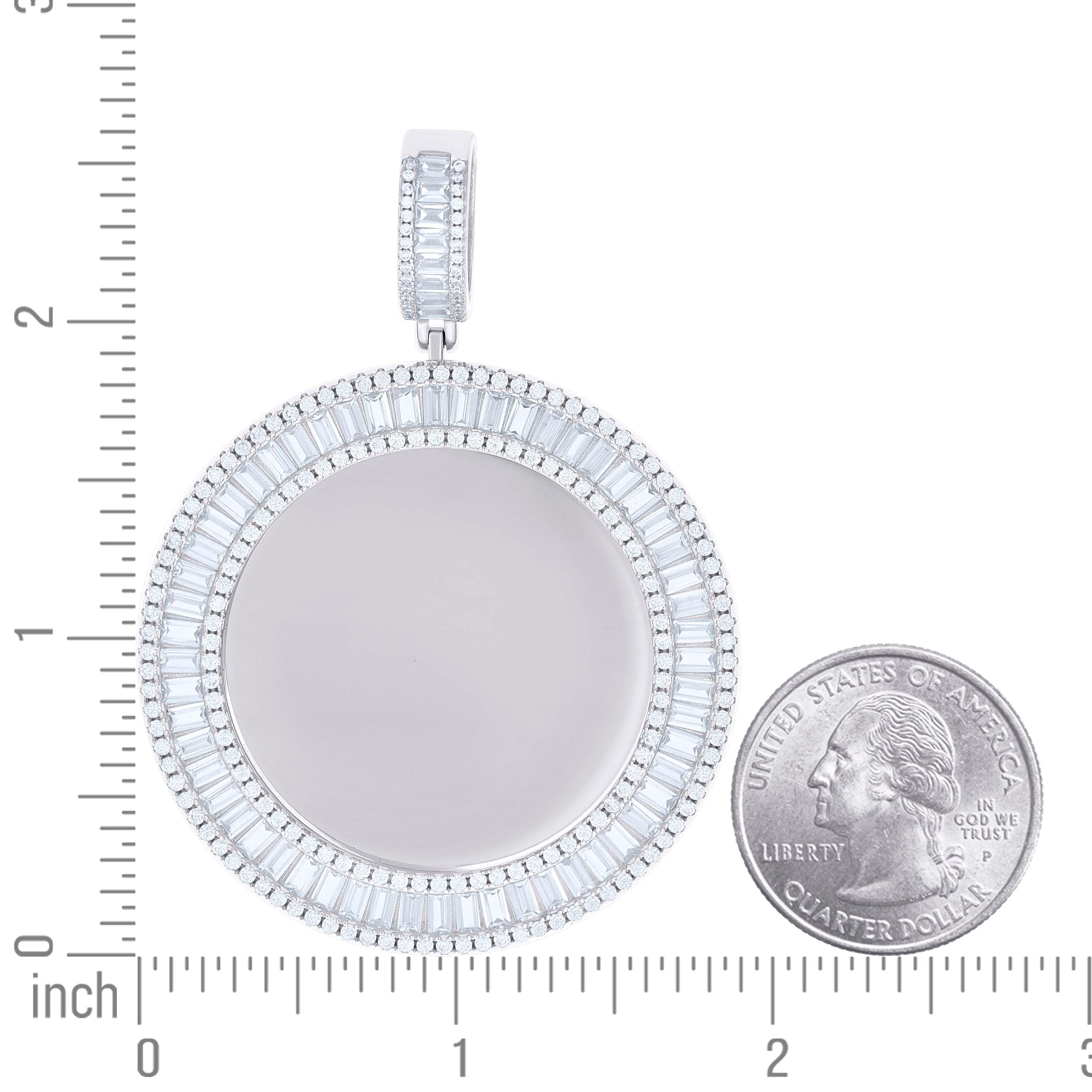 925 Sterling Silver Unisex Round Baguette Cubic-Zirconia Memory Circle Photo Frame Charm Pendant