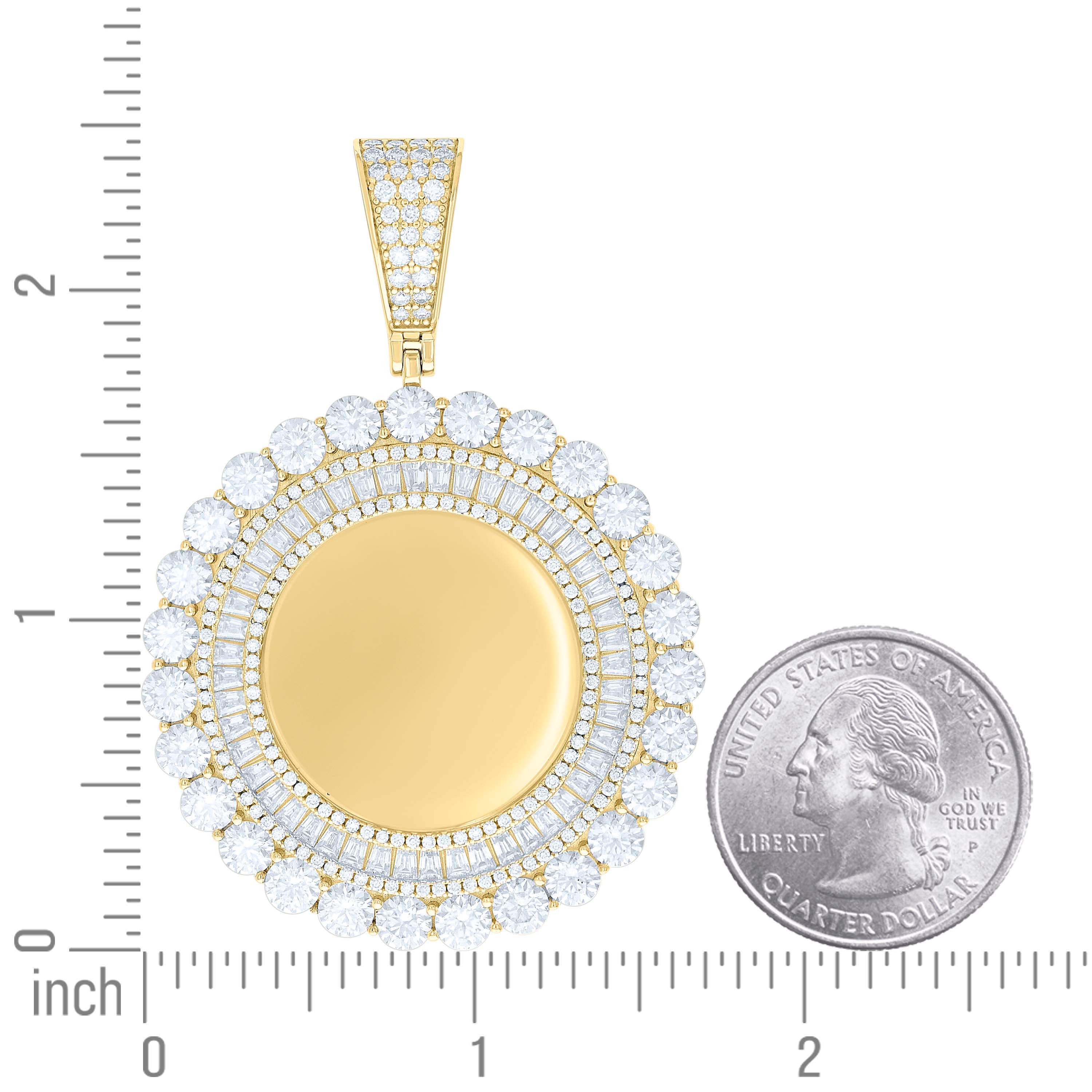 925 Sterling Silver Yellow-tone Unisex Round Baguette Cubic-Zirconia Memory Circle Photo Frame Charm Pendant