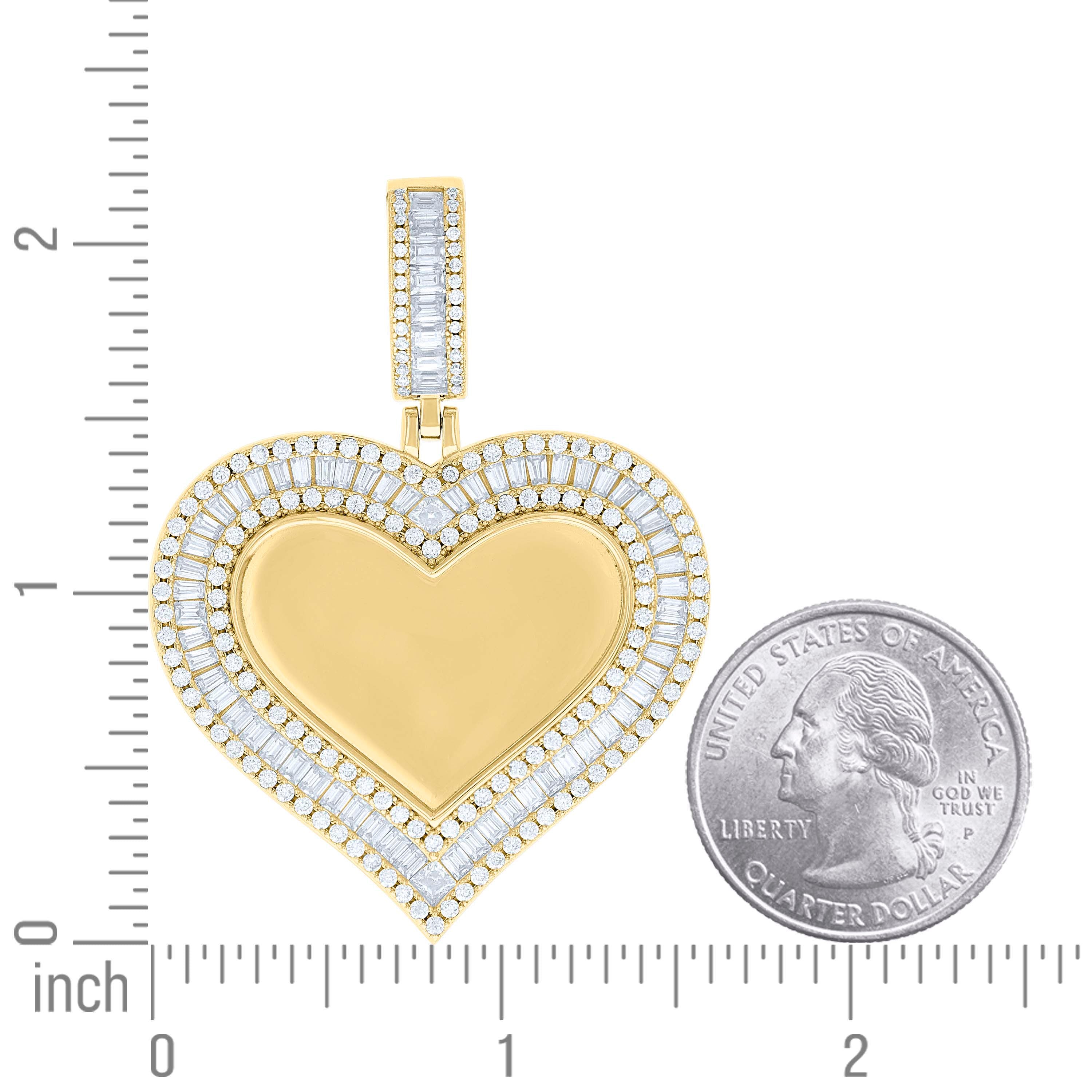 925 Sterling Silver Yellow-tone Women Round Baguette Cubic-Zirconia Heart Photo Frame Charm Pendant