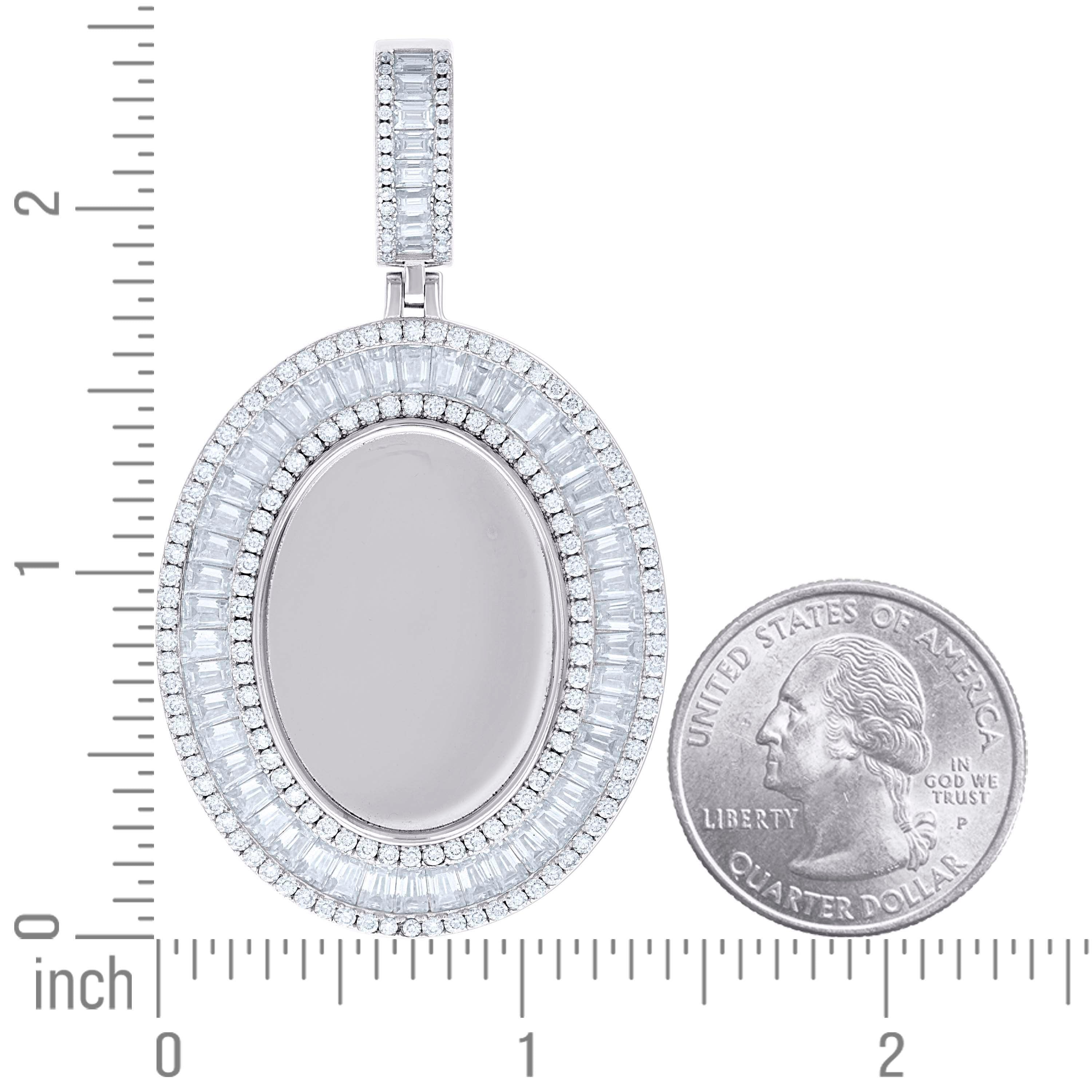 925 Sterling Silver Unisex Round Baguette Cubic-Zirconia Oval Photo Frame Charm Pendant