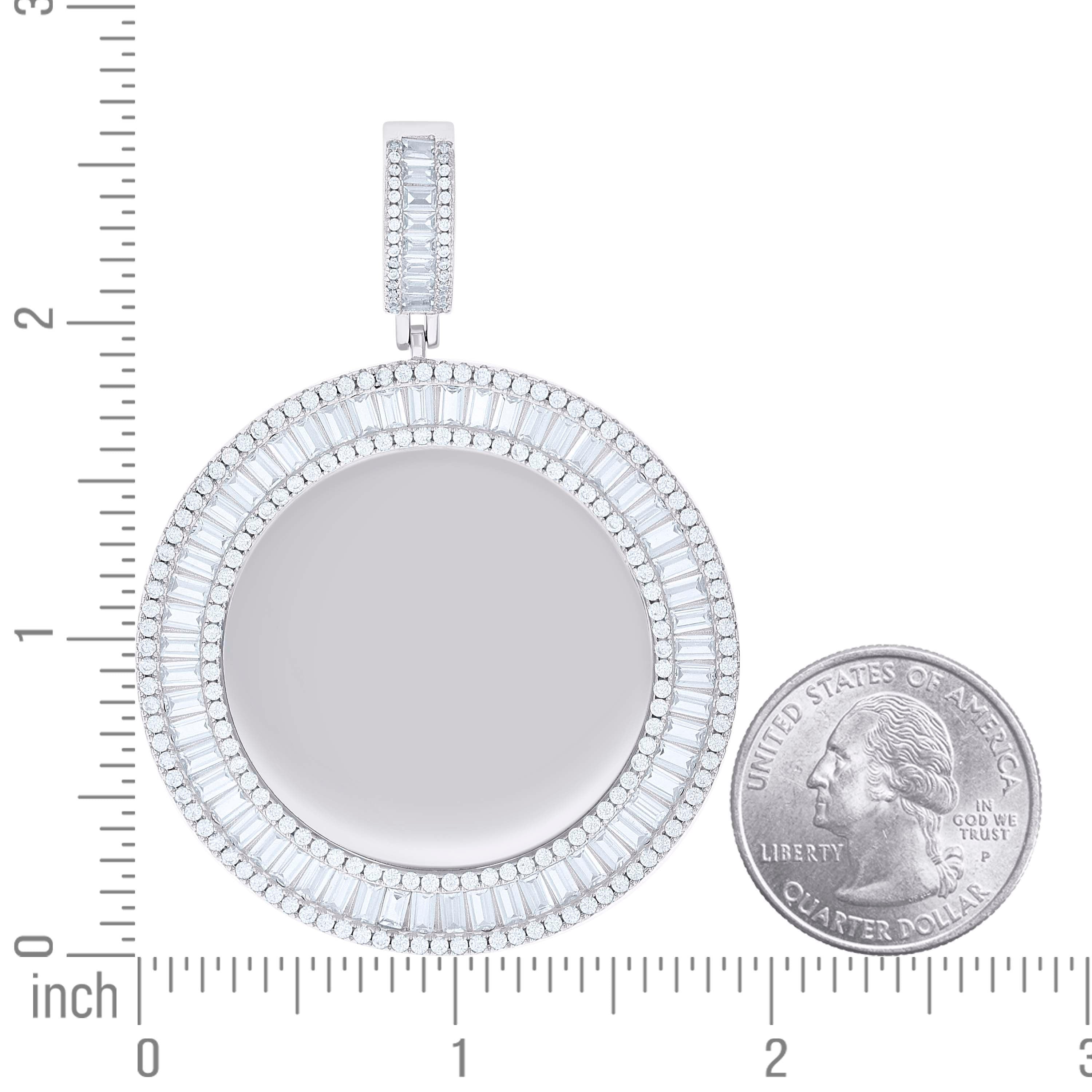 925 Sterling Silver Unisex Round Baguette Cubic-Zirconia Memory Circle Photo Frame Charm Pendant