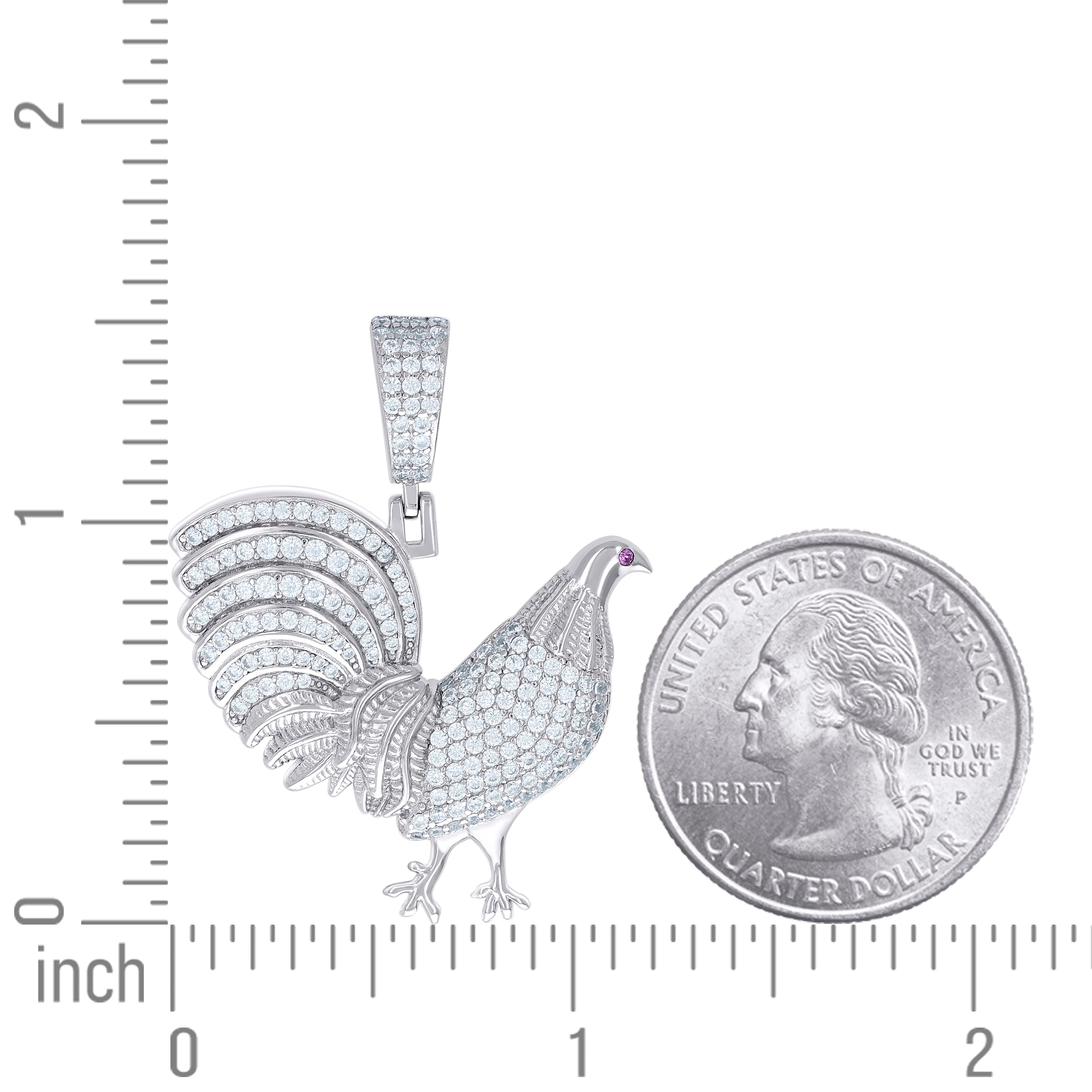 925 Sterling Silver Mens White Pink Cubic-Zirconia Rooster Ground Bird Wildlife Pendant