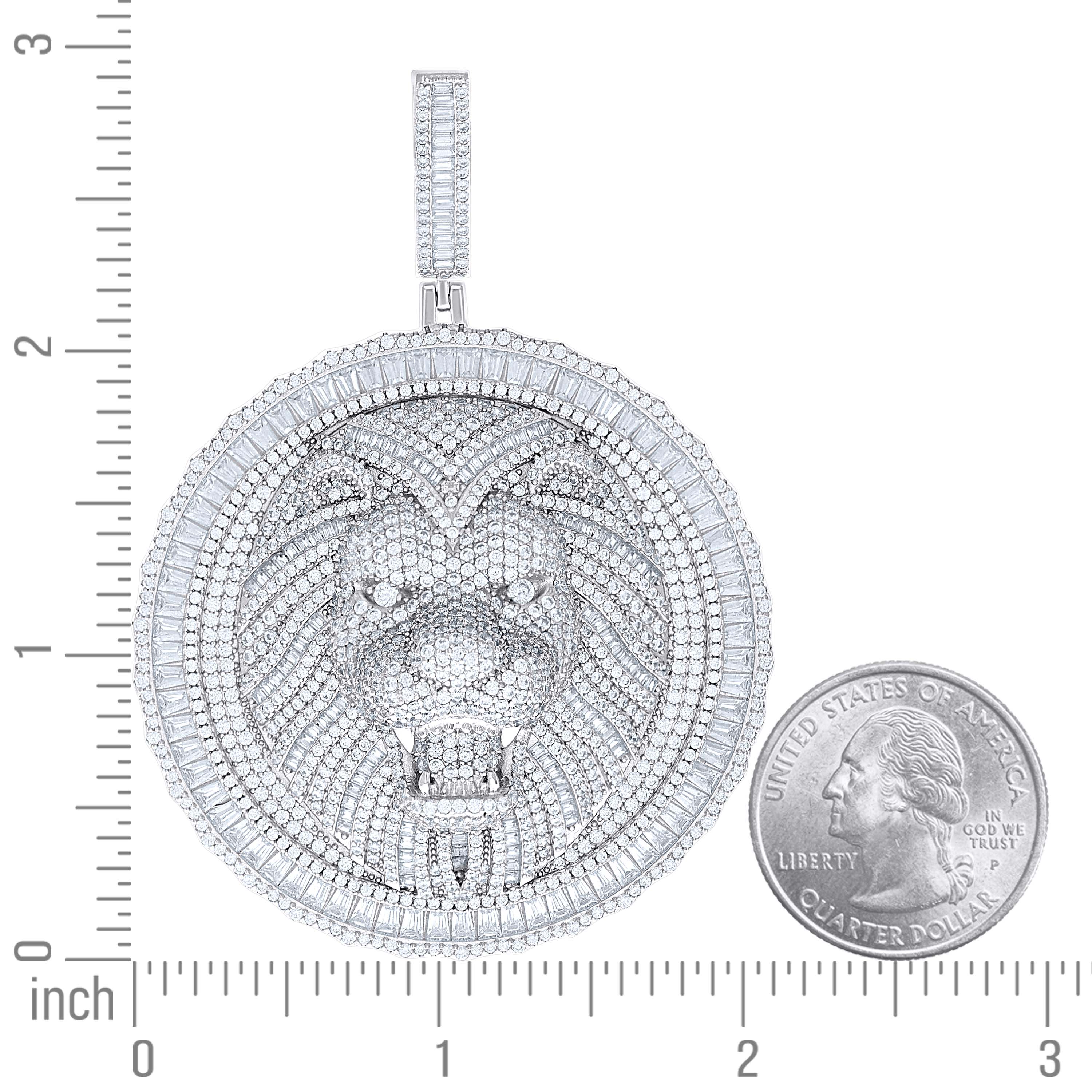 925 Sterling Silver Mens Round Baguette Cubic-Zirconia Lion Head Animal Wildlife Pendant