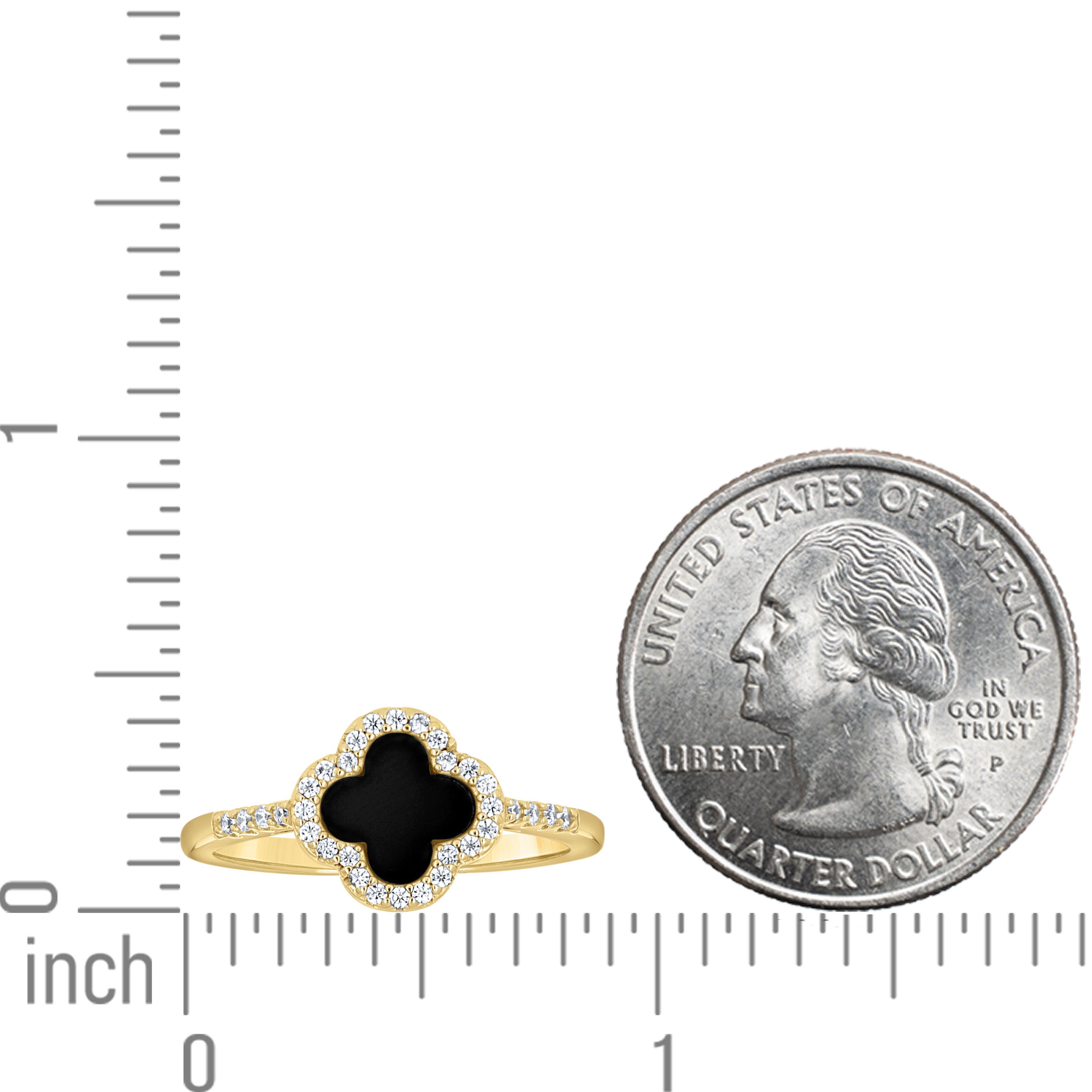 925 Sterling Silver Yellow-Tone Womens Cubic-Zirconia Black Enameled Clover Good Luck Ring