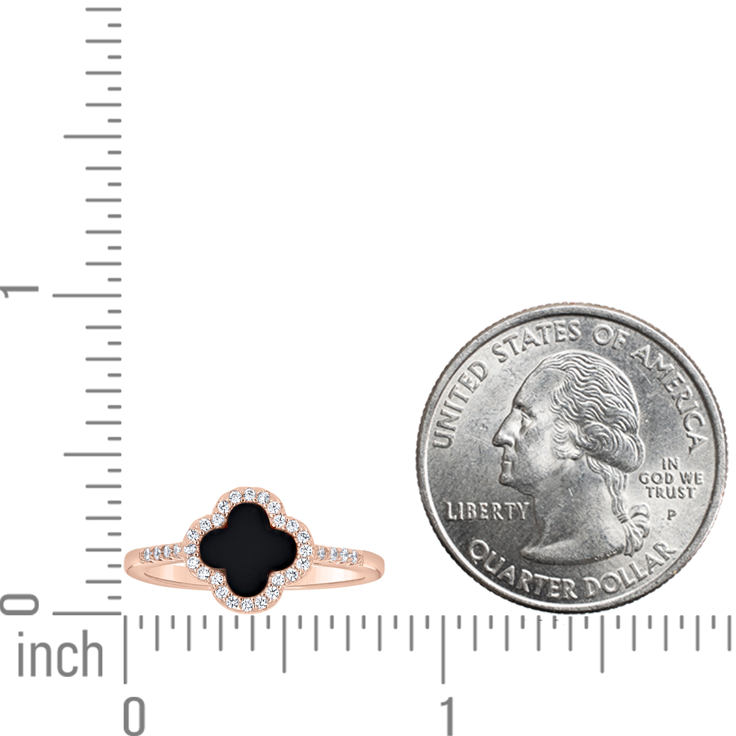 925 Sterling Silver Rose-Tone Womens Cubic-Zirconia Black Enameled Clover Good Luck Ring