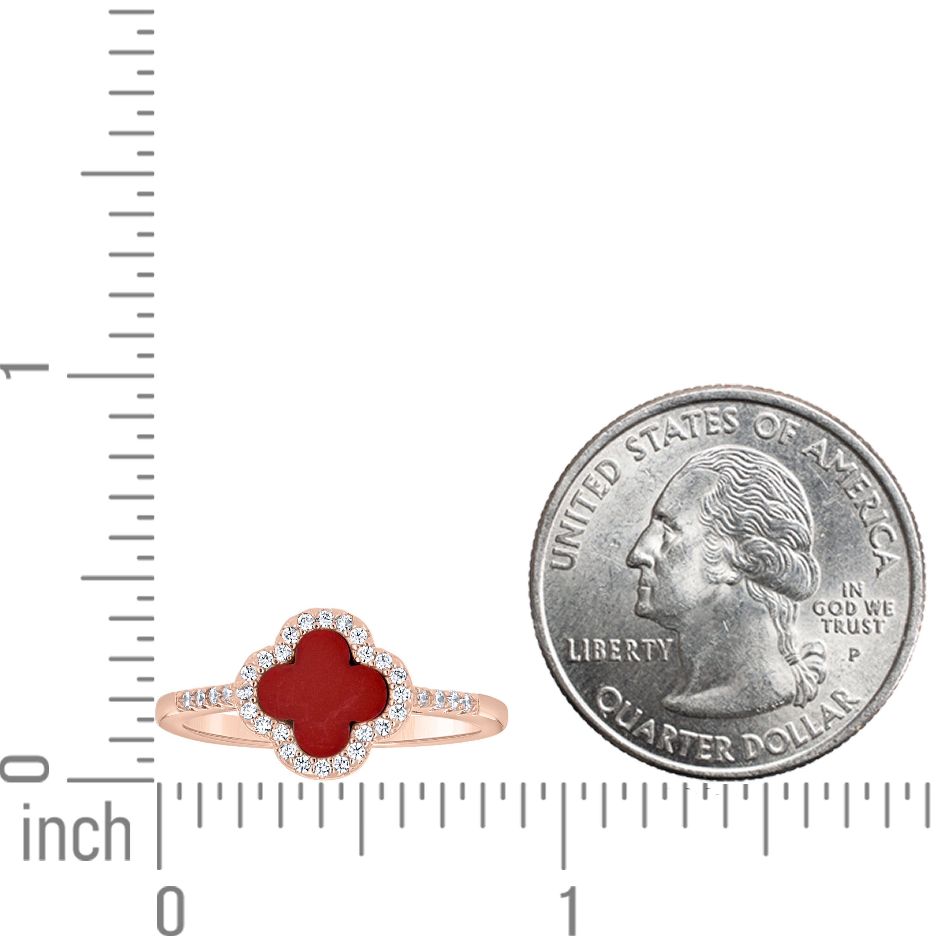 925 Sterling Silver Rose-Tone Womens Cubic-Zirconia Red Enameled Clover Good Luck Ring