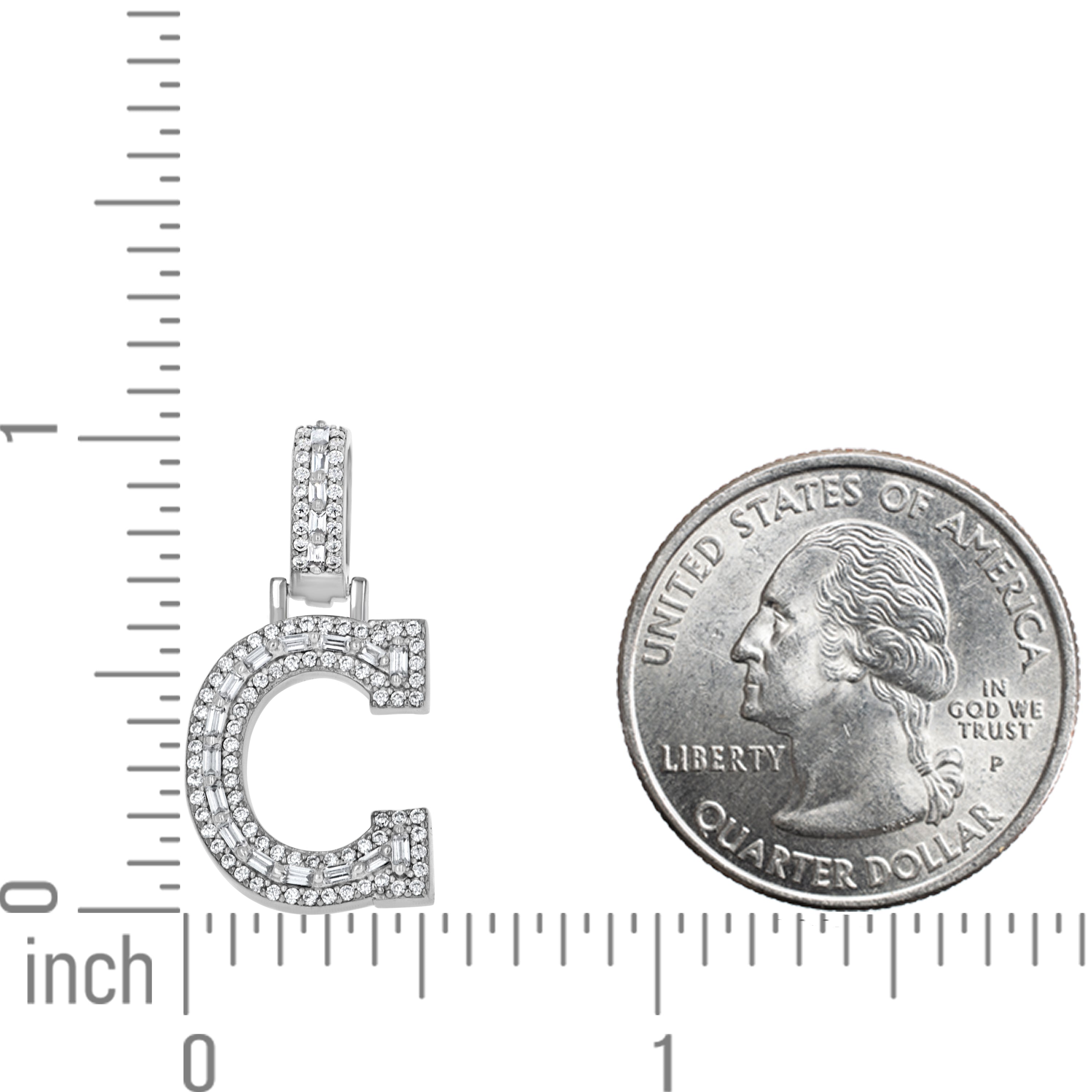 925 Sterling Silver Unisex Round Baguette Cubic Zirconia Initial Letter C Charm Pendant