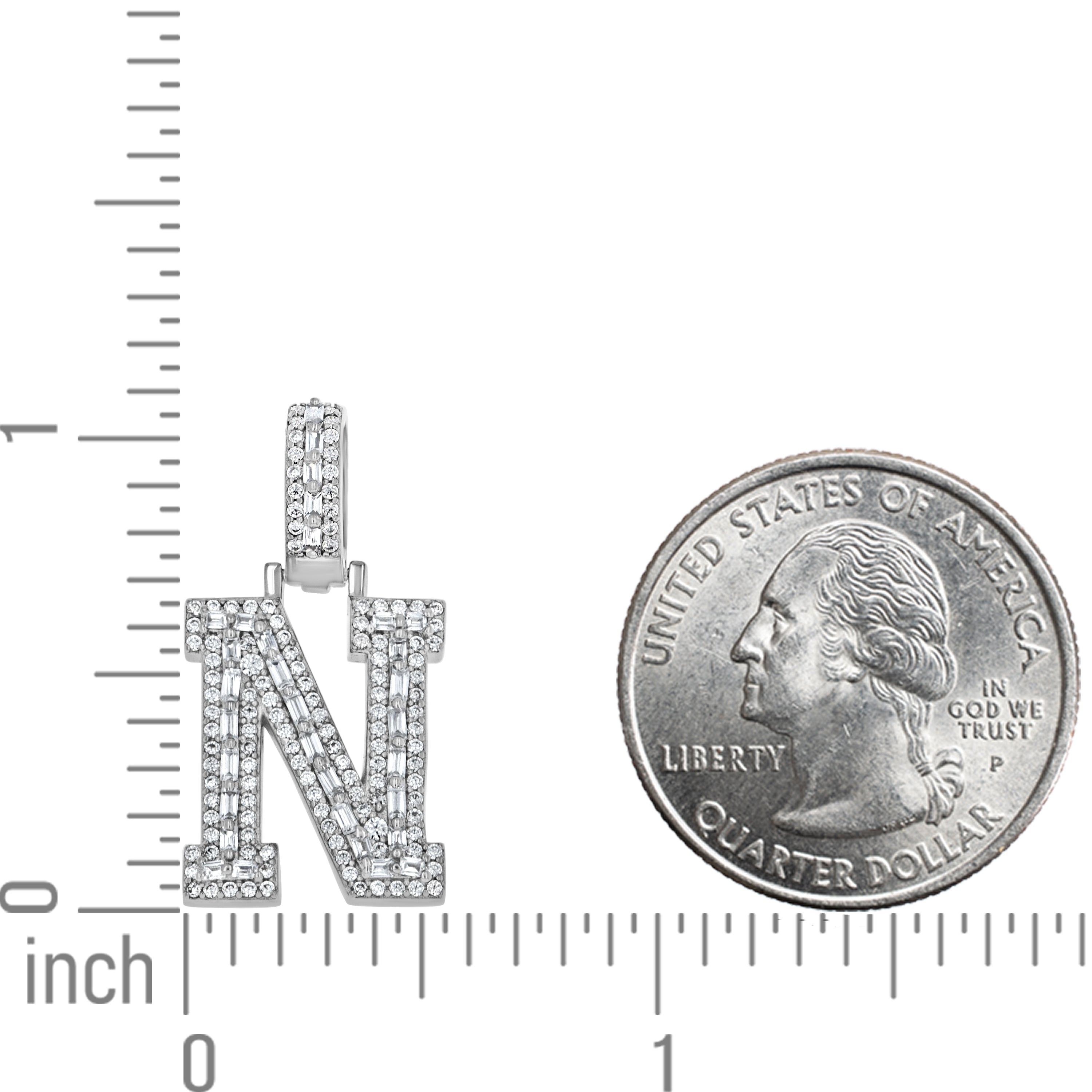 925 Sterling Silver Unisex Round Baguette Cubic Zirconia Initial Letter N Charm Pendant