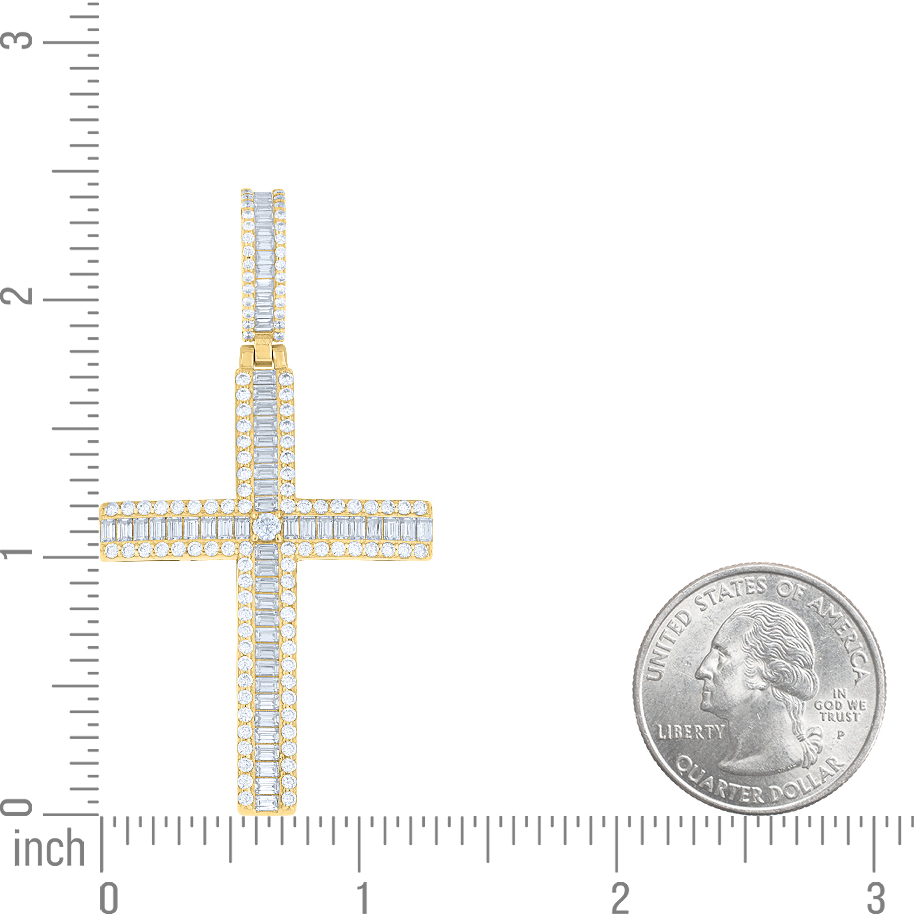 925 Sterling Silver Yellow-Tone Mens Round & Baguette Cubic-Zirconia Cross Religious Charm Pendant
