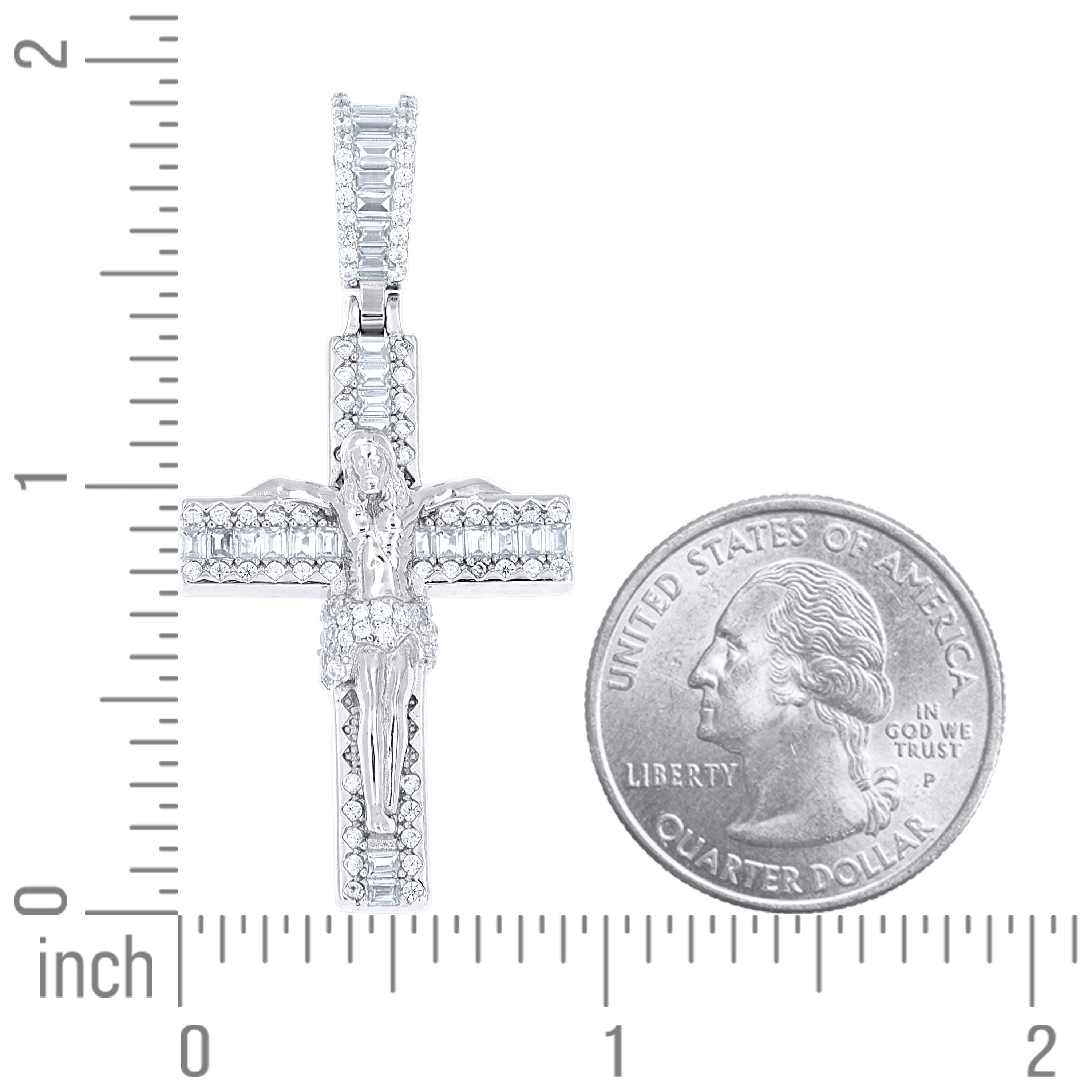 925 Sterling Silver Mens Baguette Round Cubic-Zirconia Crucifix Cross Religious Charm Pendant
