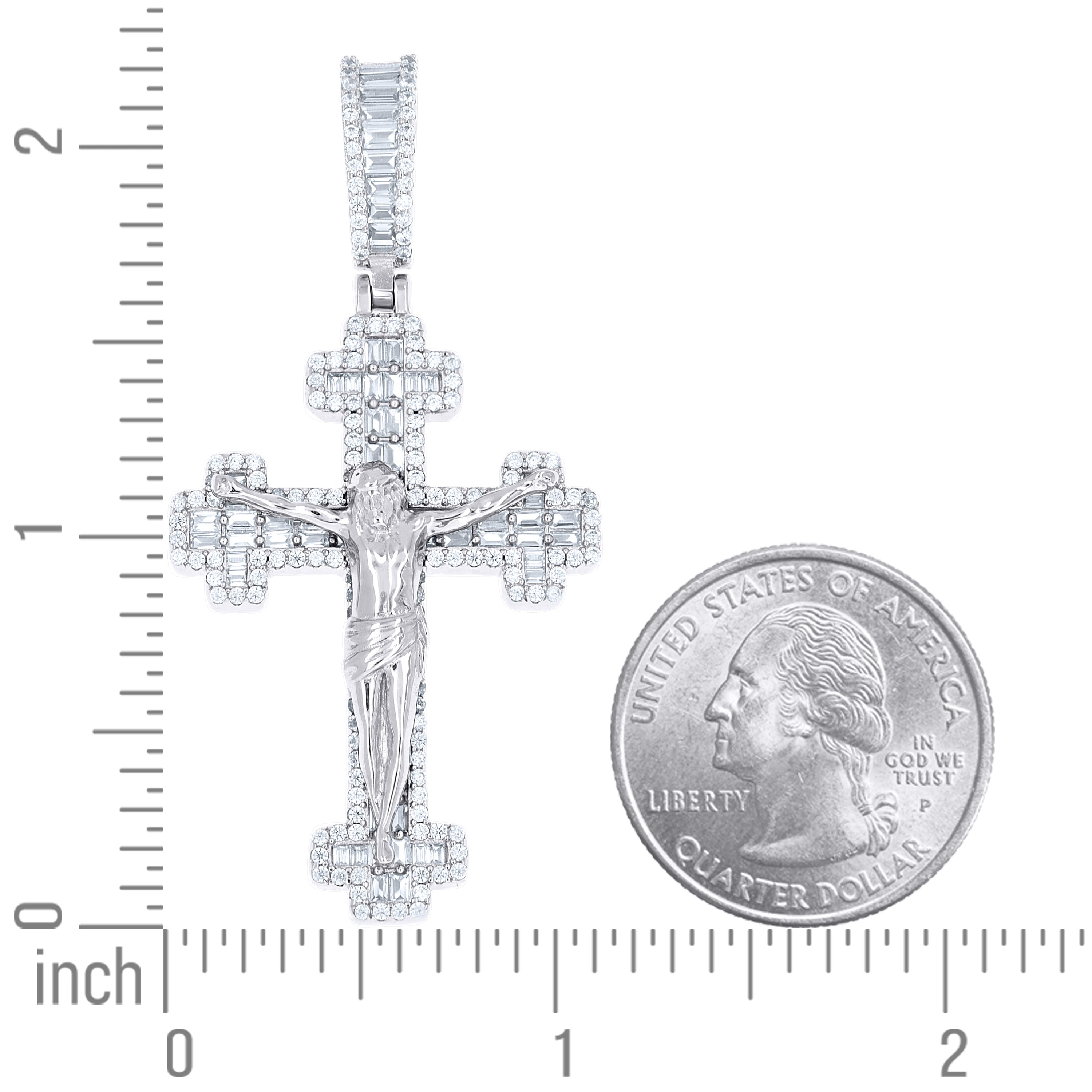 925 Sterling Silver Mens Baguette Round Cubic-Zirconia Crucifix Cross Religious Charm Pendant