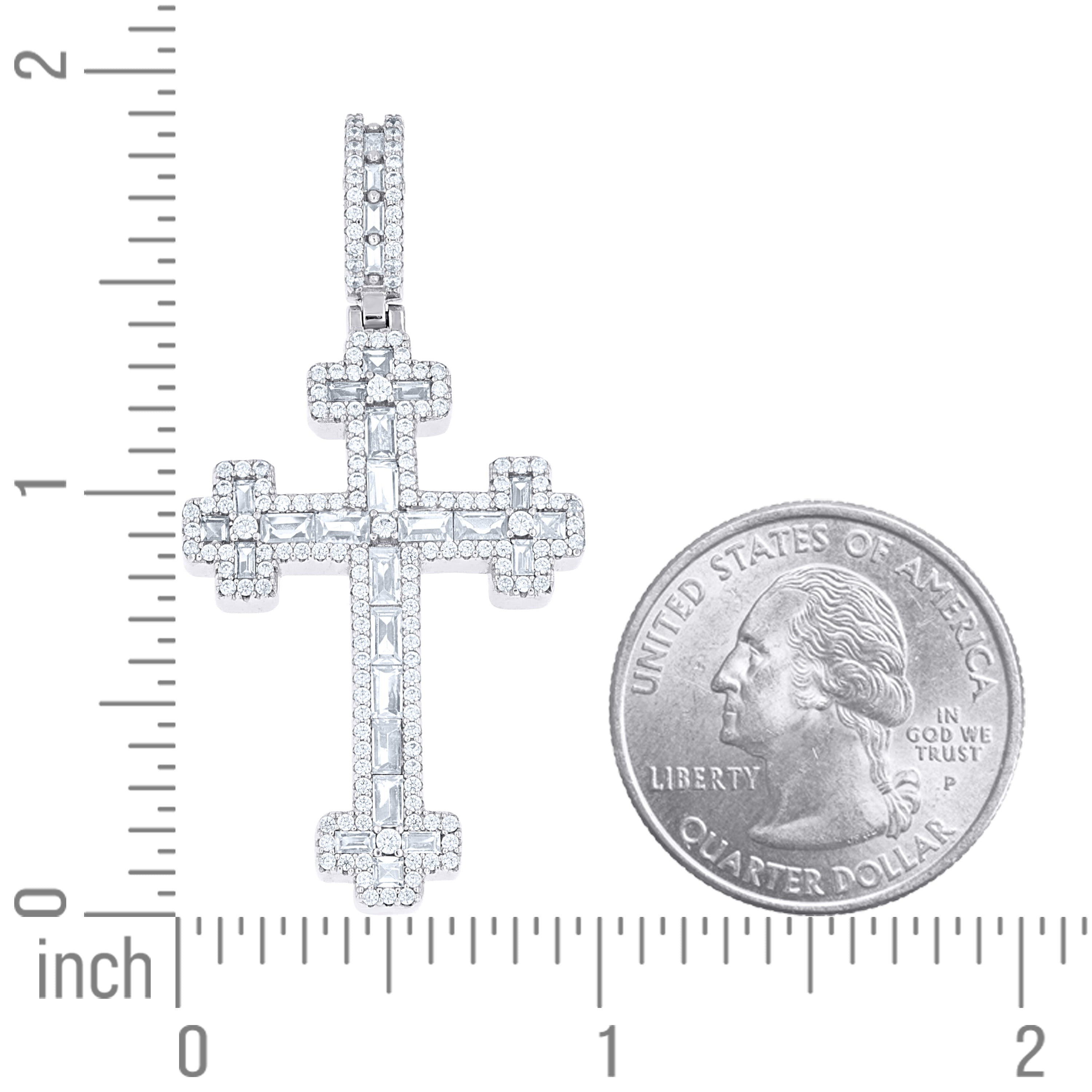 925 Sterling Silver Mens Baguette Round Cubic-Zirconia Cross Religious Charm Pendant